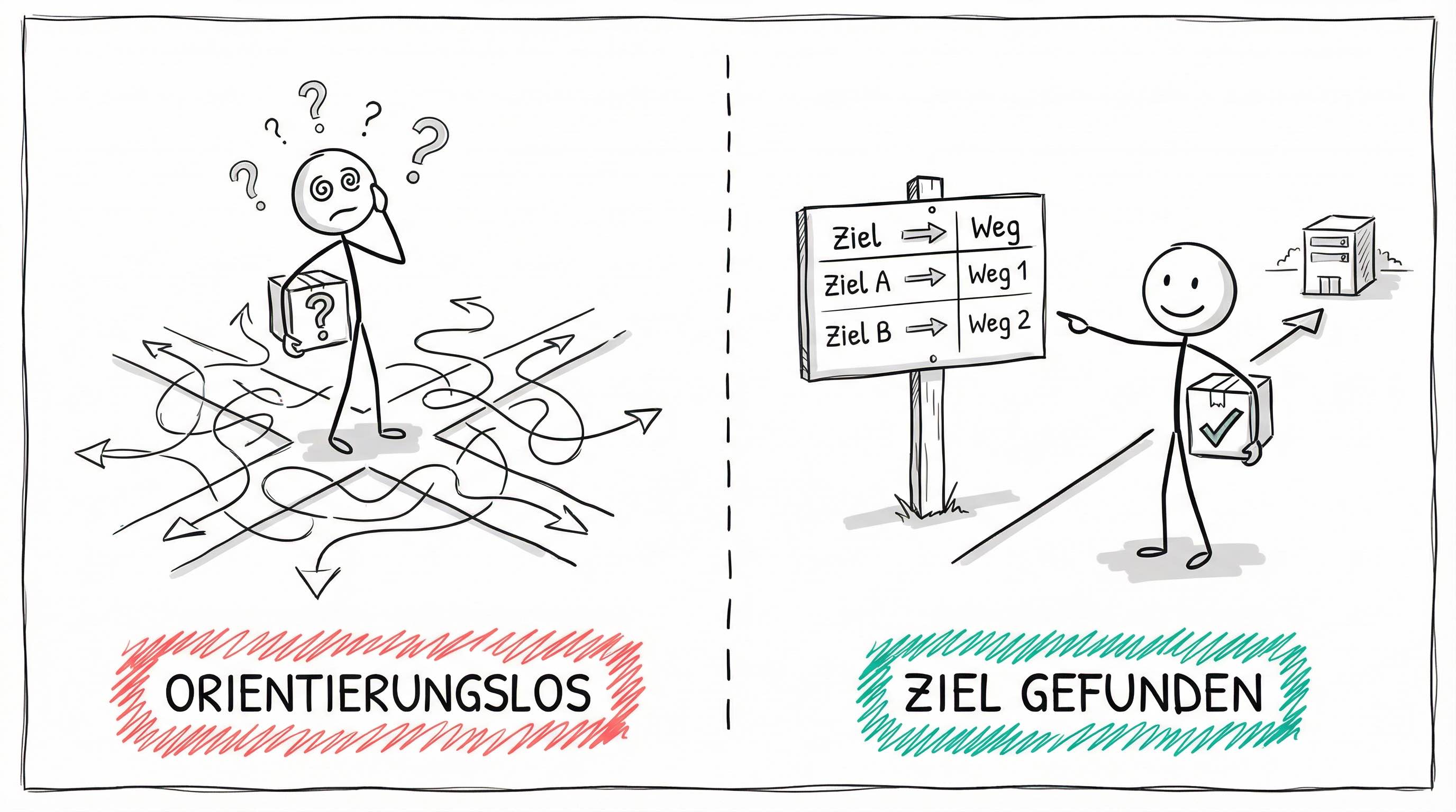 Ohne Routing-Tabellen: Orientierungslosigkeit vs. Mit Routing-Tabellen: Ziel gefunden