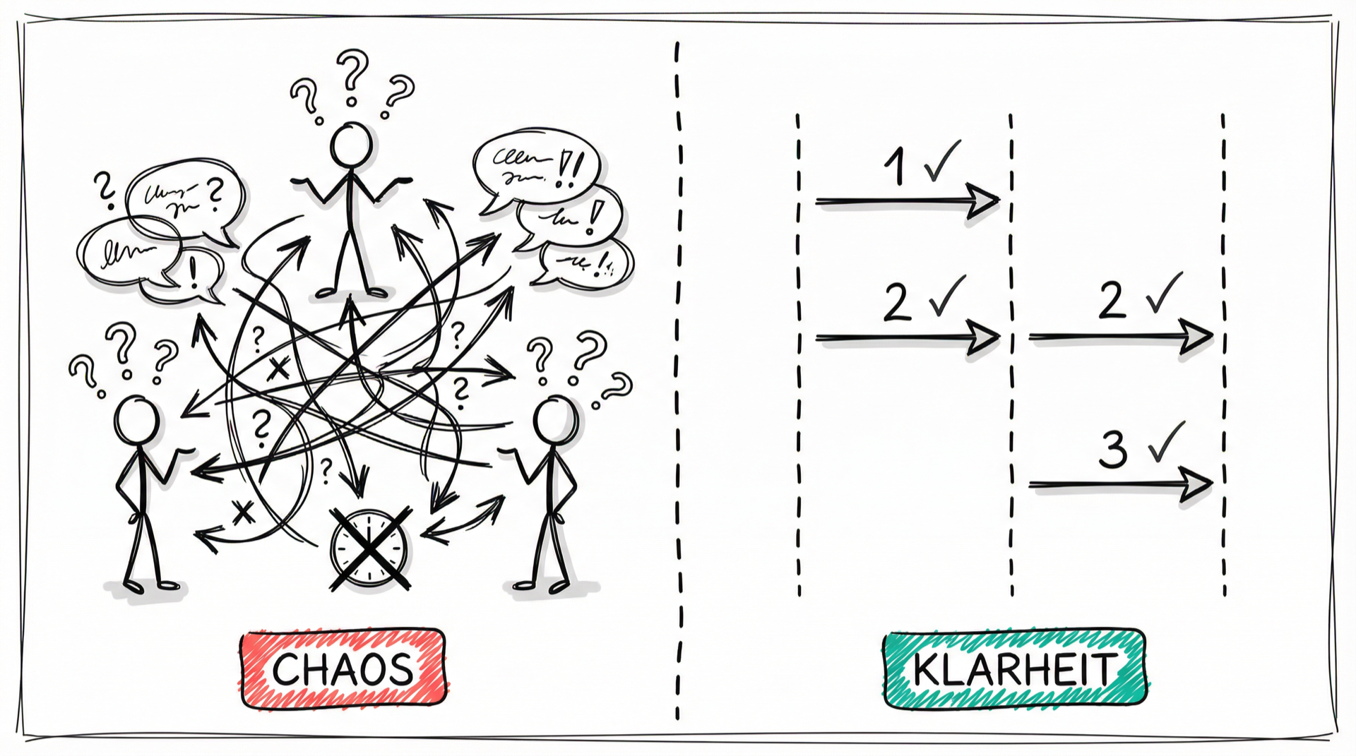 Kommunikations-Chaos vs. klare Sequenzdiagramm-Struktur