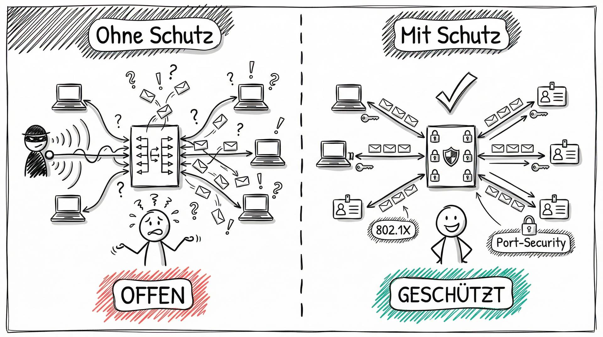 Vergleich: Offenes vs. geschütztes Switched Netzwerk