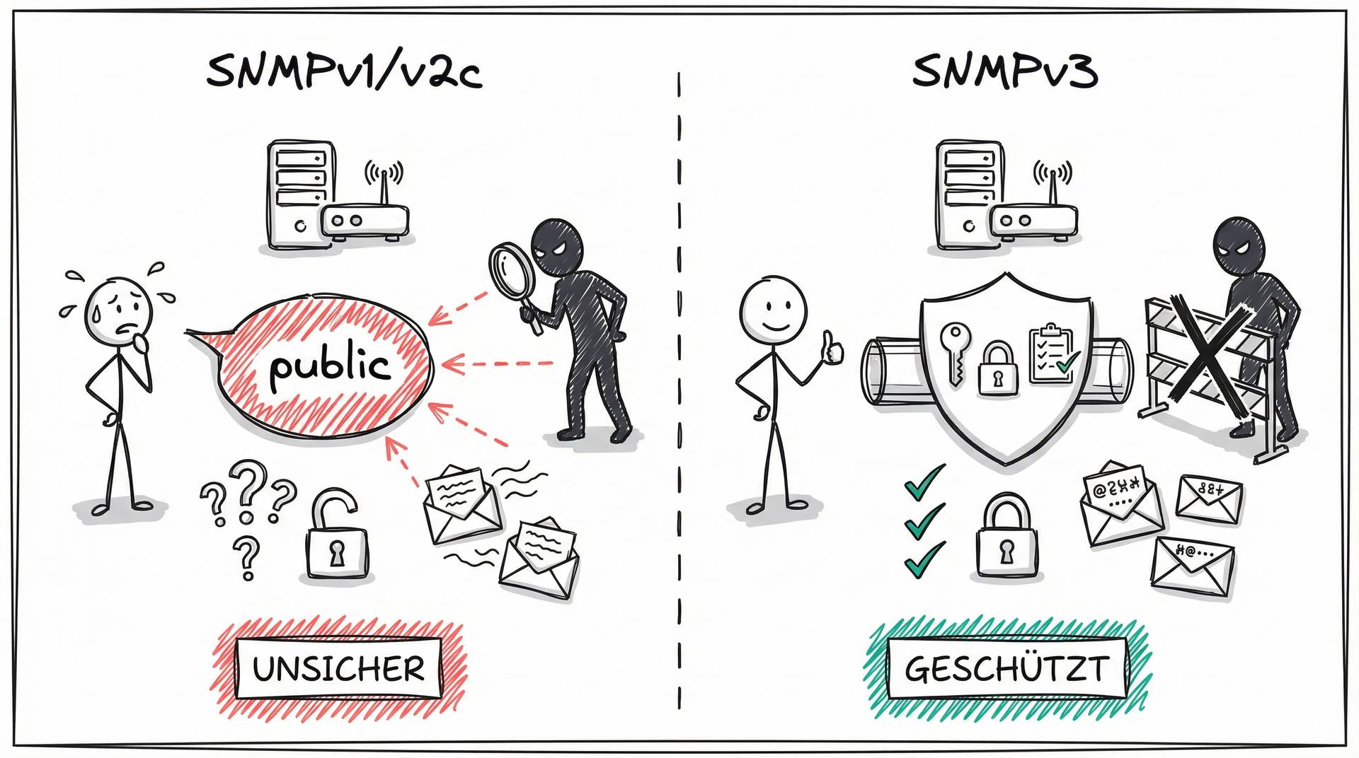 SNMPv1/v2c unsicher vs. SNMPv3 geschützt