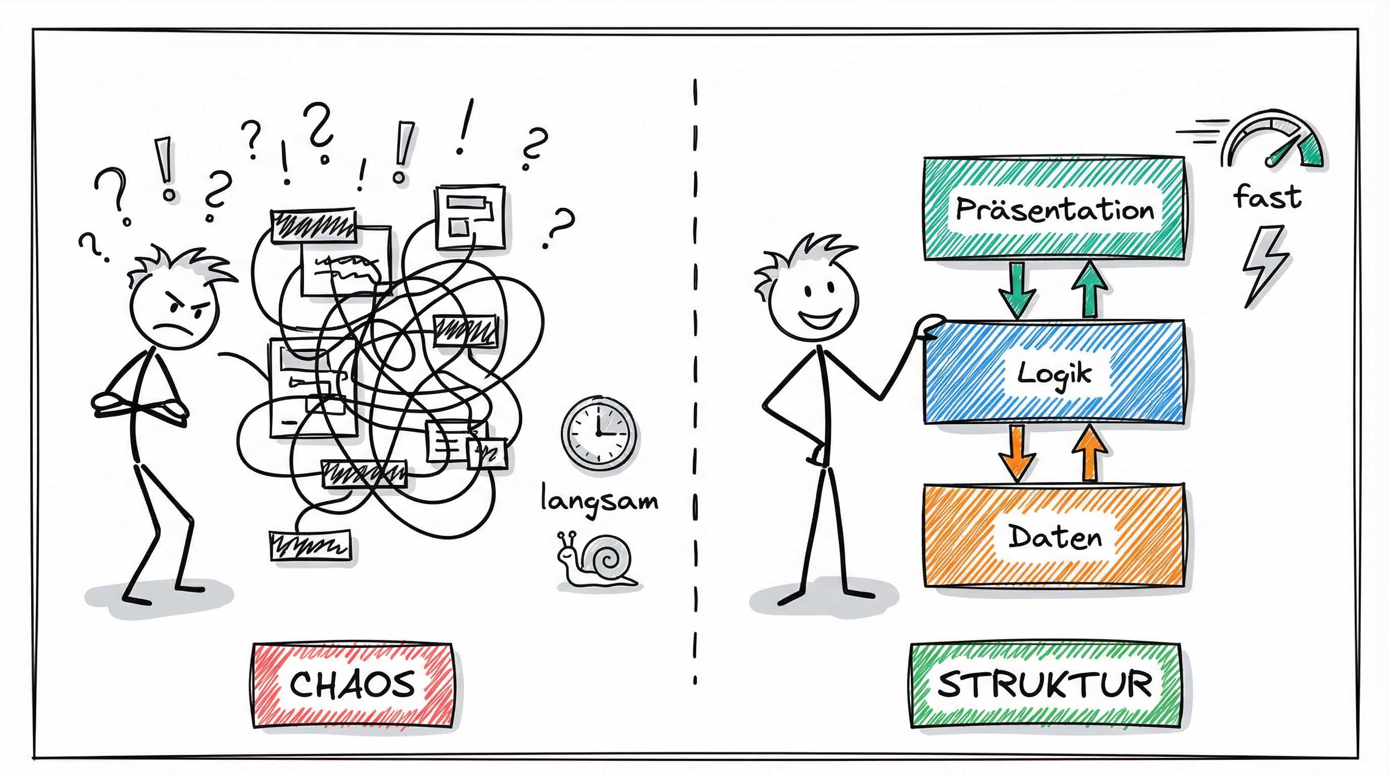 Chaos vs. Struktur: Spaghetti-Code ohne Architektur gegenüber sauberer Schichtenarchitektur