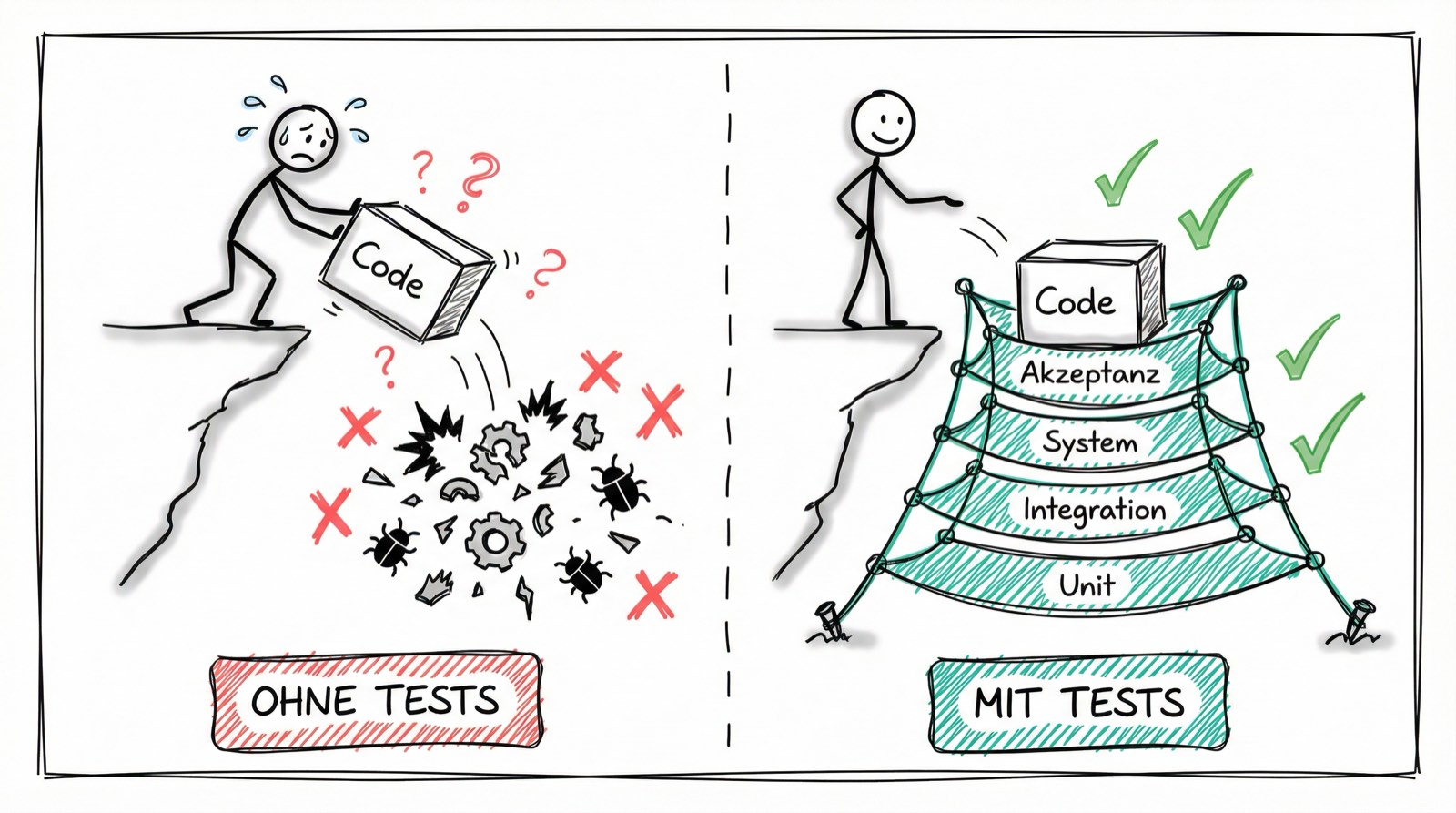 Ohne Tests: Code stürzt ab - Mit Tests: Sicherheitsnetz fängt Fehler