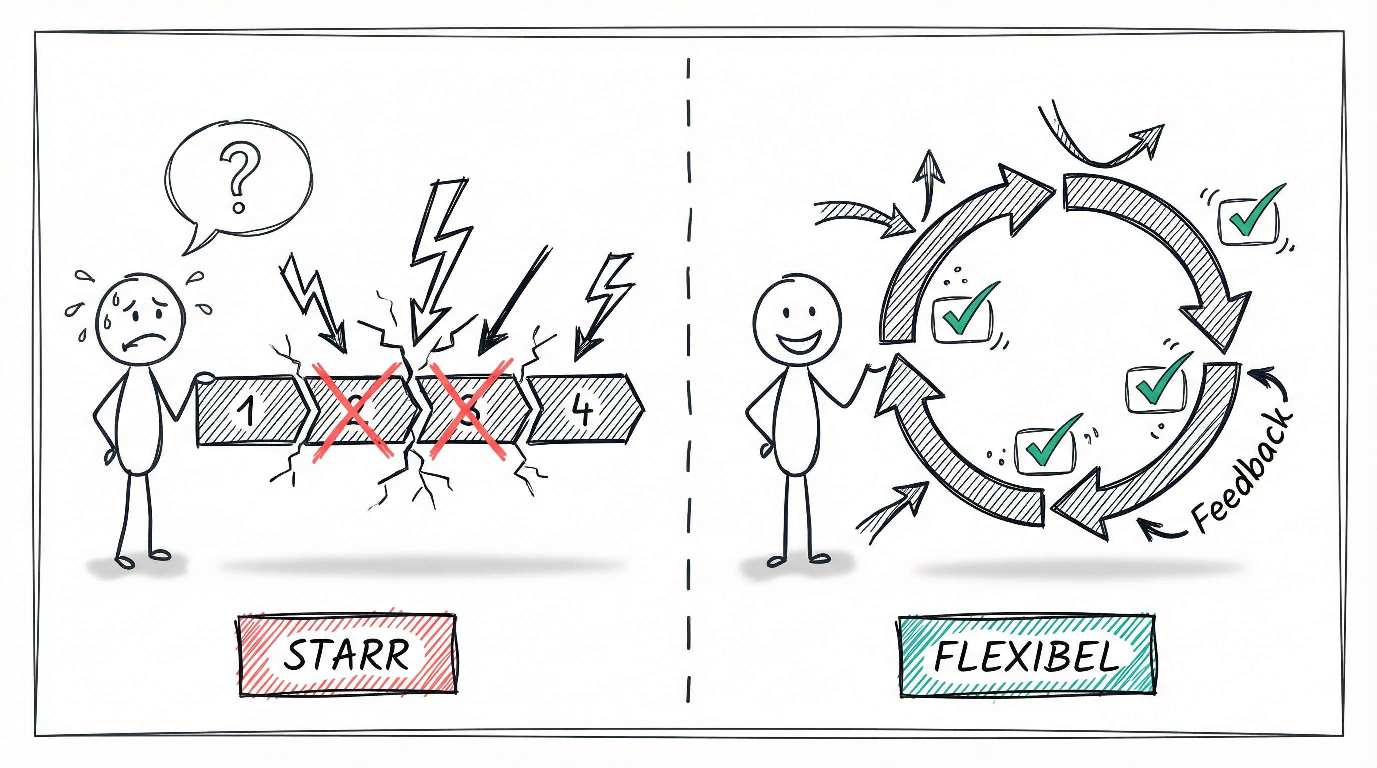 Starr vs. Flexibel: Vergleich zwischen linearer Planung und agilen Sprint-Zyklen