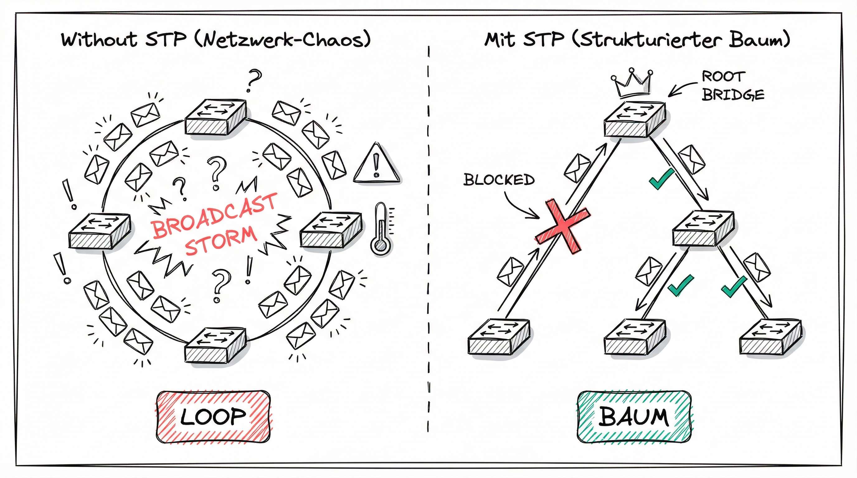 Loop vs. Baum: Netzwerkschleifen ohne und mit STP