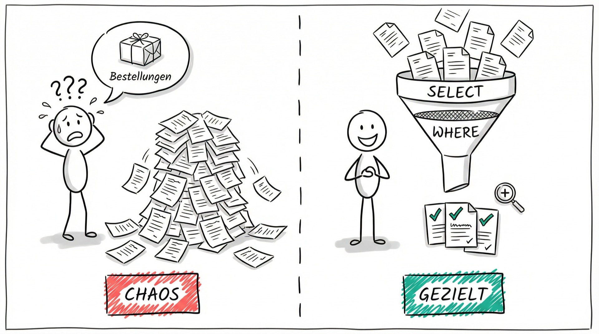 Chaos ohne SQL vs. gezielte Filterung mit SELECT und WHERE