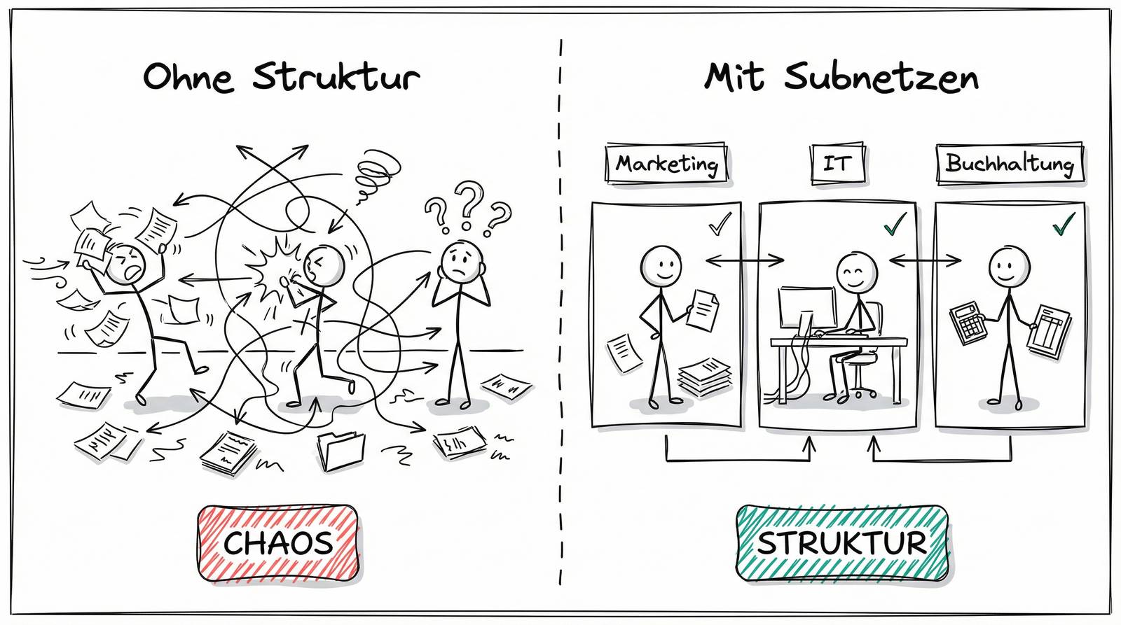 Chaos ohne Netzstruktur vs. geordnete Bereiche durch Subnetting