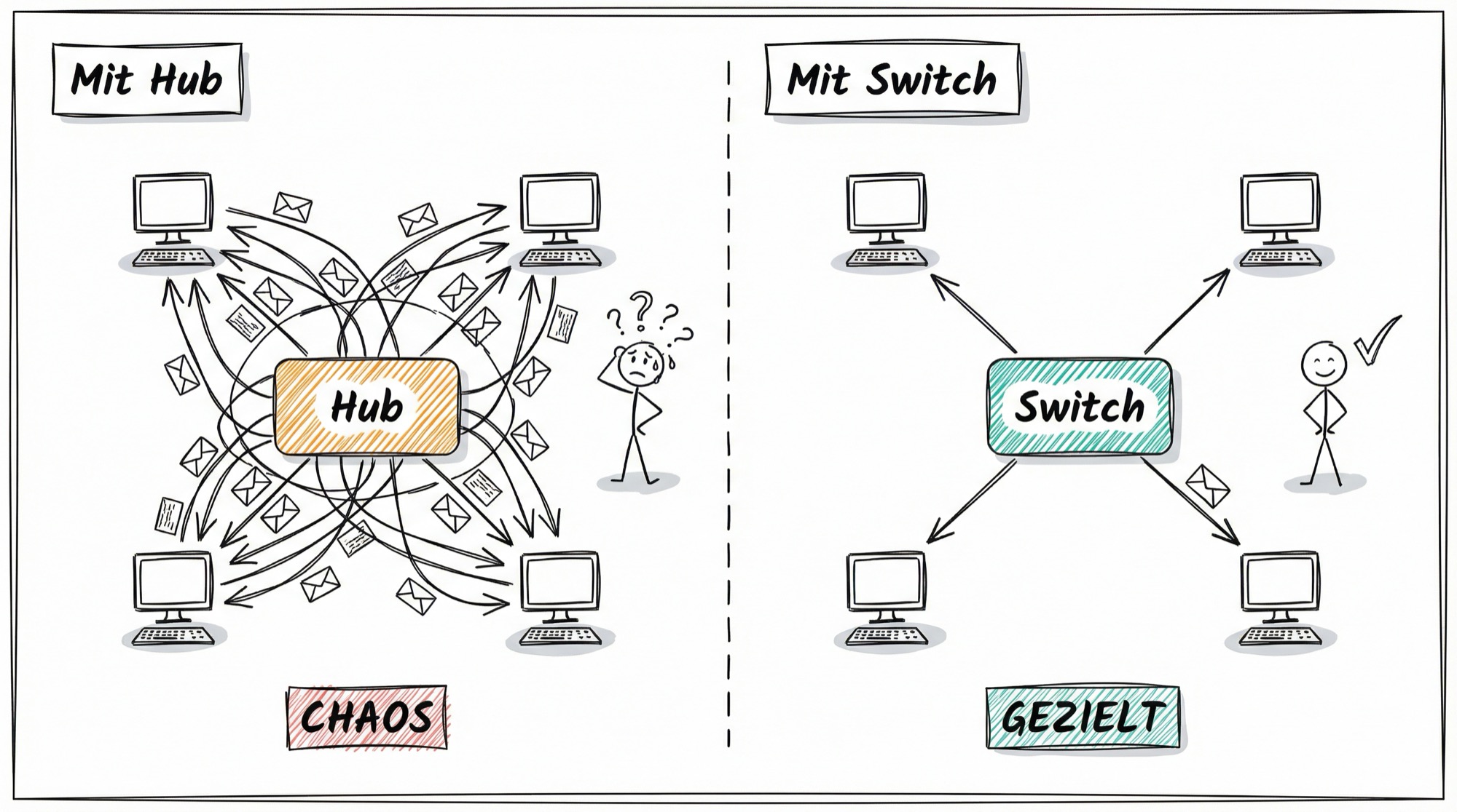 Hub-Chaos vs. Switch-Ordnung: Links sendet der Hub alles an alle, rechts leitet der Switch gezielt weiter