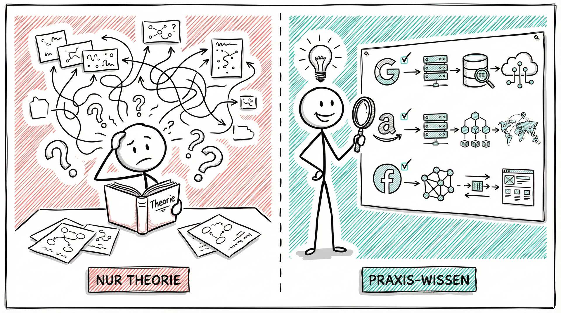 Theorie vs. Praxis-Wissen: Links abstrakte Theorie mit Fragezeichen, rechts konkrete Fallstudien von Google, Amazon und Facebook