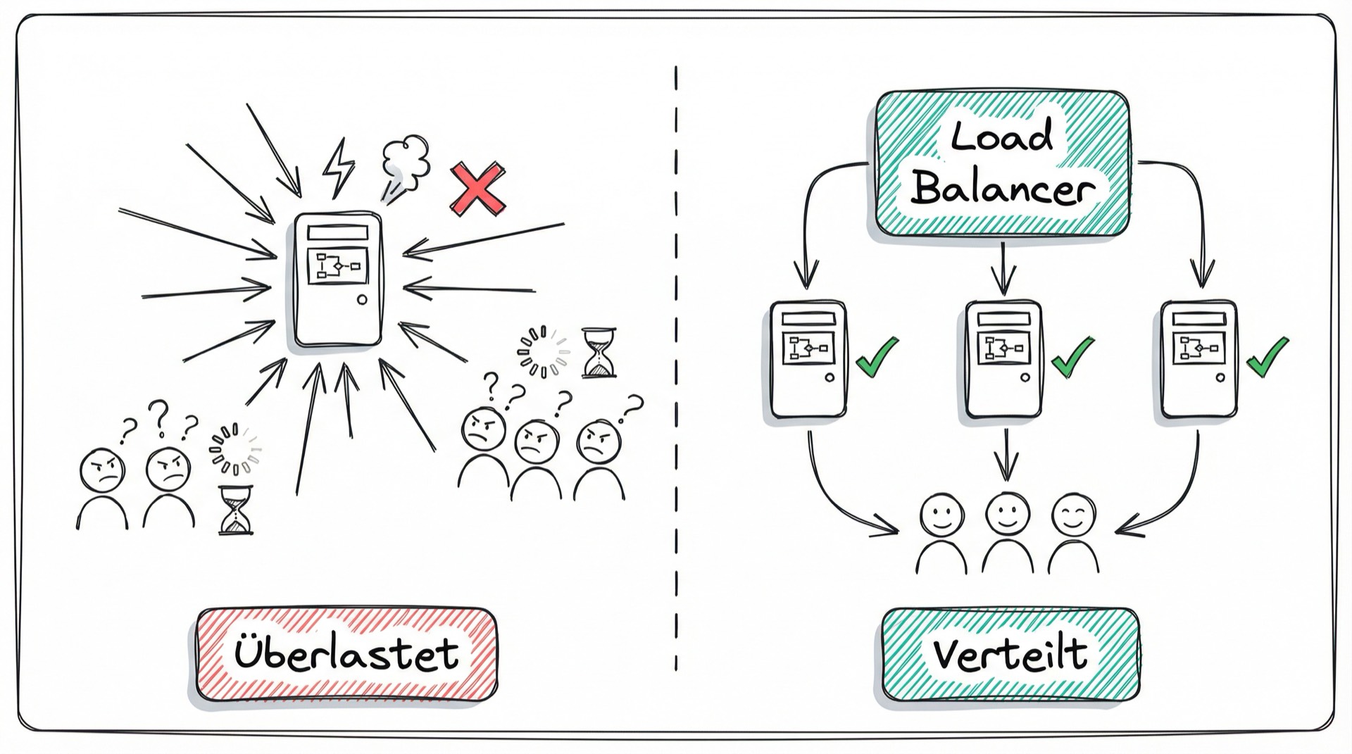 Überlastet vs. Verteilt: Einzelner Server unter Last vs. Load Balancer mit verteilten Servern