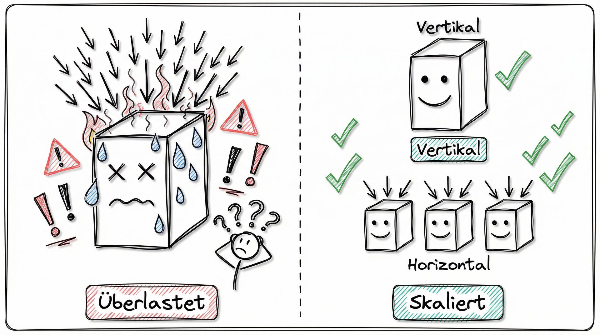 Überlasteter Server vs. skalierbare Architektur mit vertikaler und horizontaler Skalierung