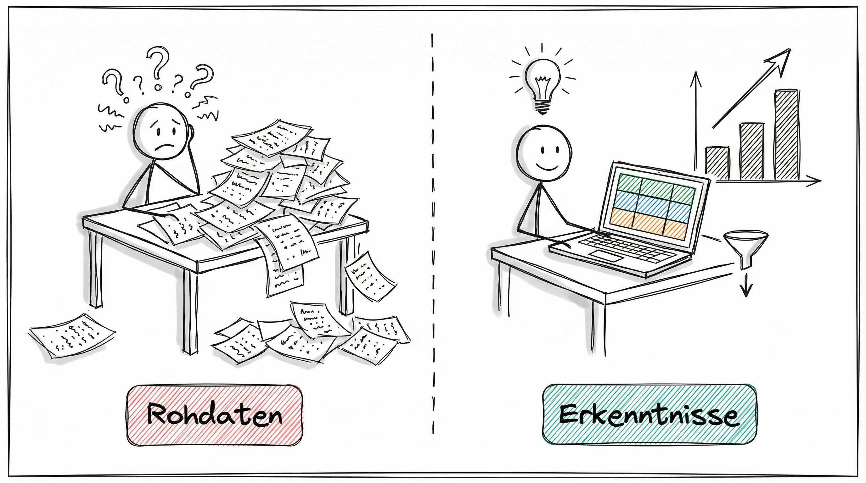 Vorher-Nachher: Rohdaten-Chaos vs. strukturierte Datenanalyse