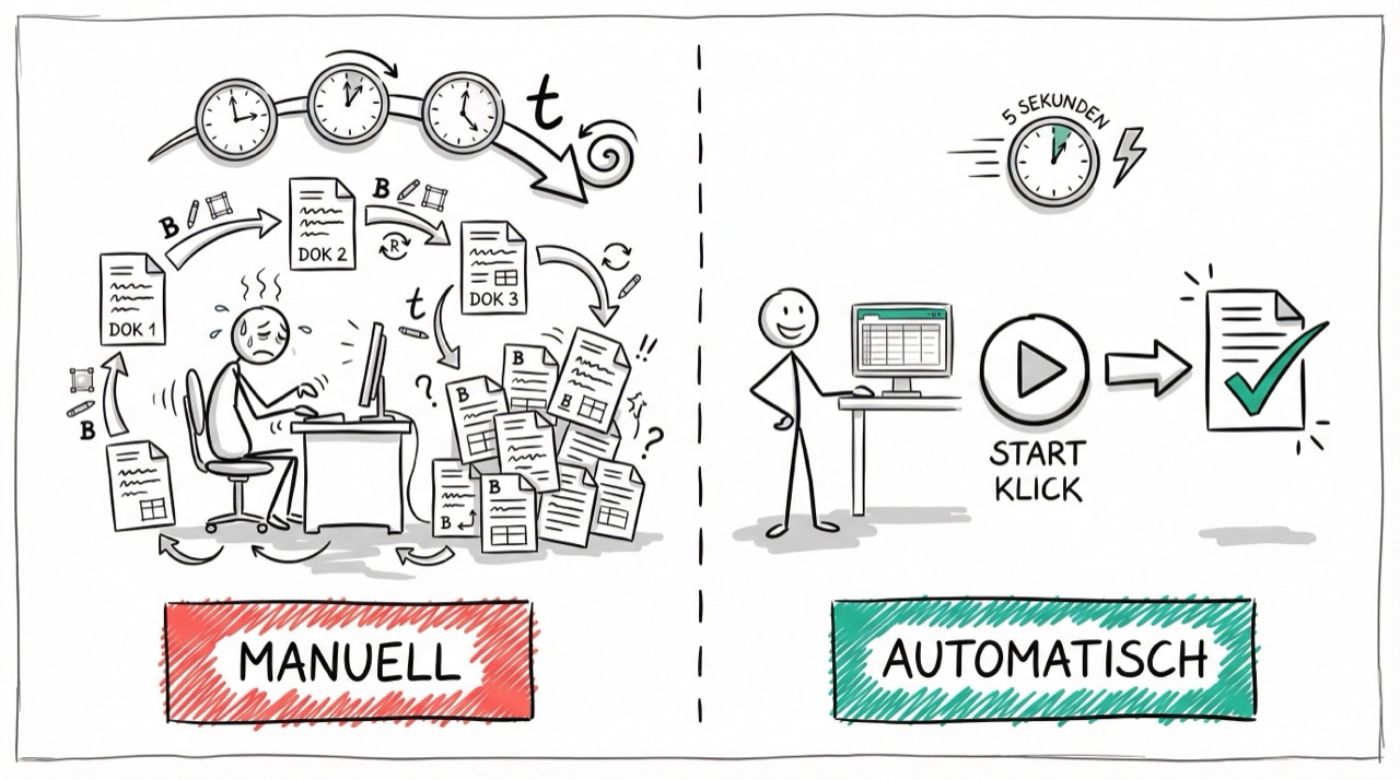 Manuell vs. Automatisch: Links wiederholende manuelle Arbeit, rechts ein Klick mit Makro