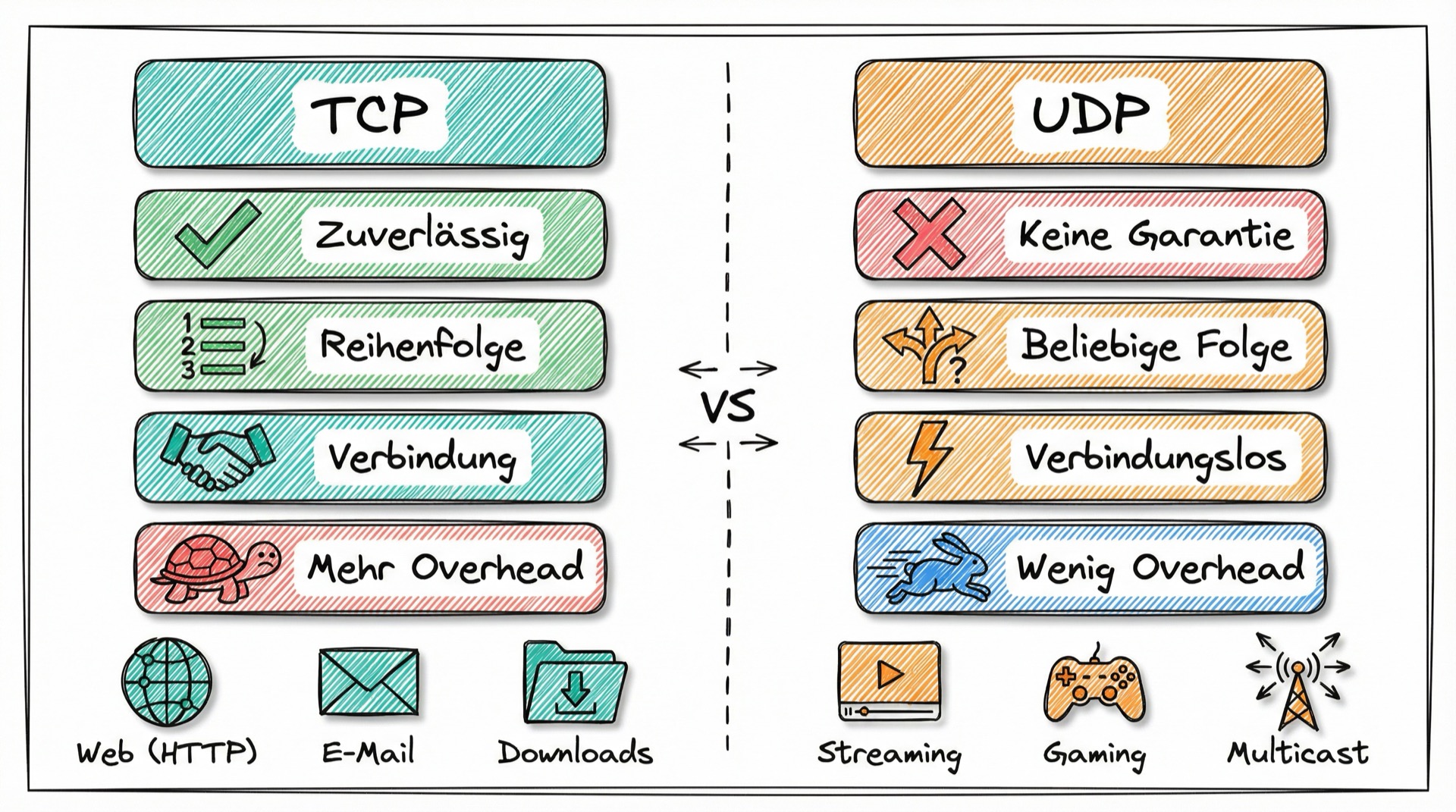 TCP vs UDP Vergleich: TCP für zuverlässige Übertragung, UDP für schnelle Anwendungen