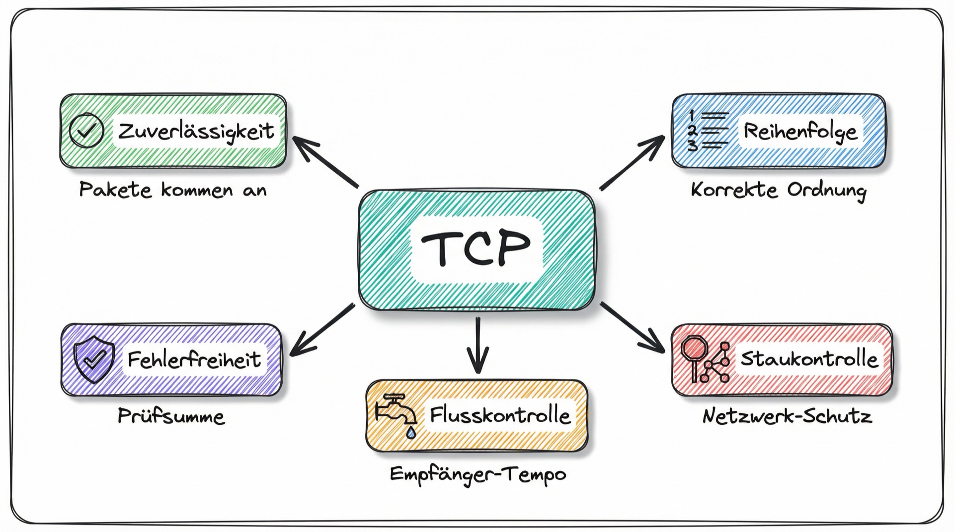 Die 5 TCP-Grundprinzipien: Zuverlässigkeit, Reihenfolge, Fehlerfreiheit, Flusskontrolle und Staukontrolle