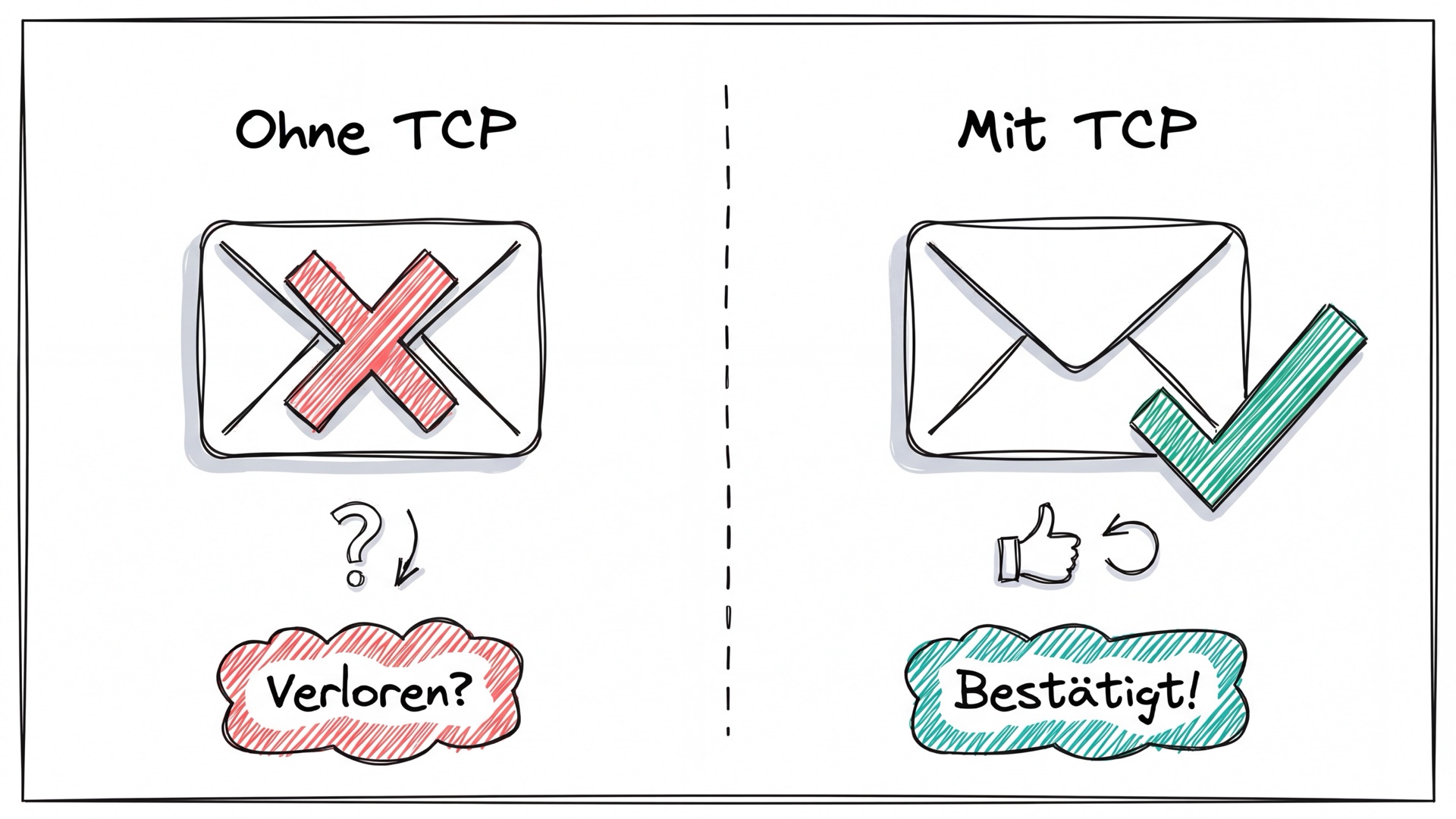Ohne TCP vs. Mit TCP: Links ein verlorener Brief mit Fragezeichen, rechts ein zugestellter Brief mit Bestätigung