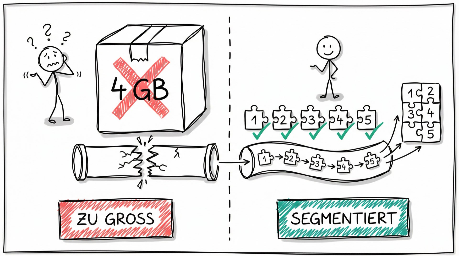 TCP-Segmentierung: Große Datenblöcke werden in nummerierte Segmente aufgeteilt
