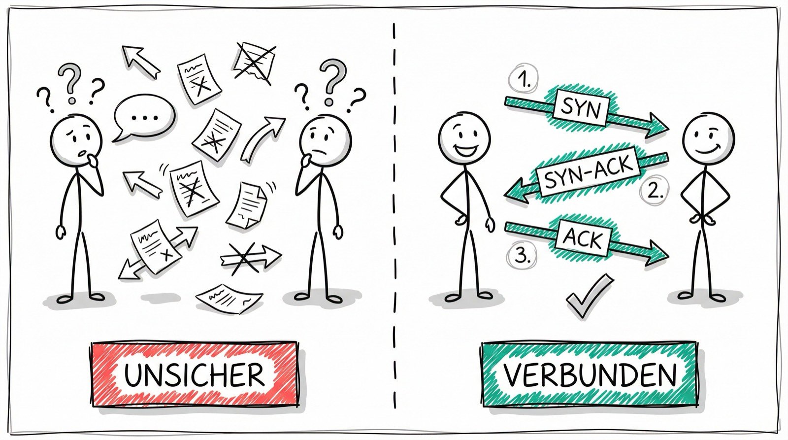 TCP Three-Way-Handshake: Unsichere vs. verbundene Kommunikation