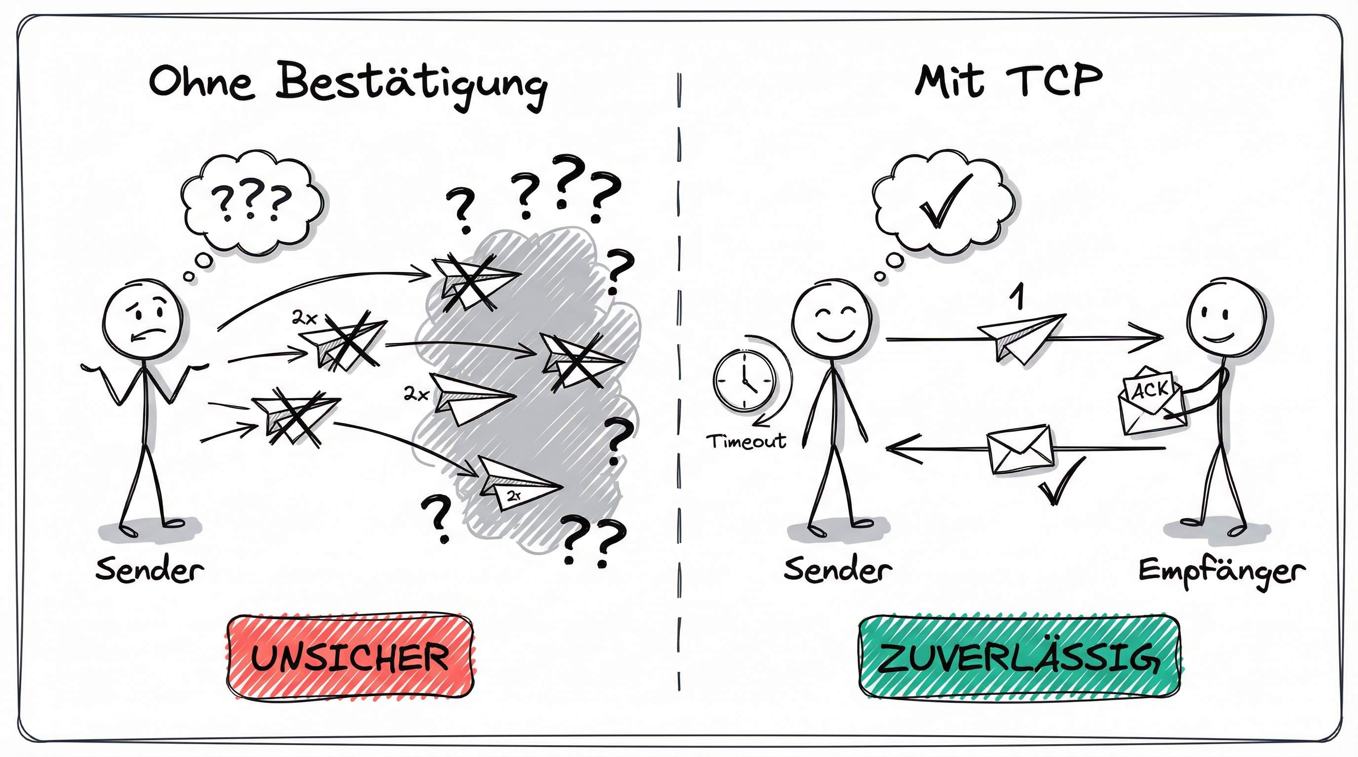 Unsicher vs. Zuverlässig: Ohne Bestätigung verschwinden Pakete im Nichts, mit TCP erfolgt eine klare Bestätigung (ACK)