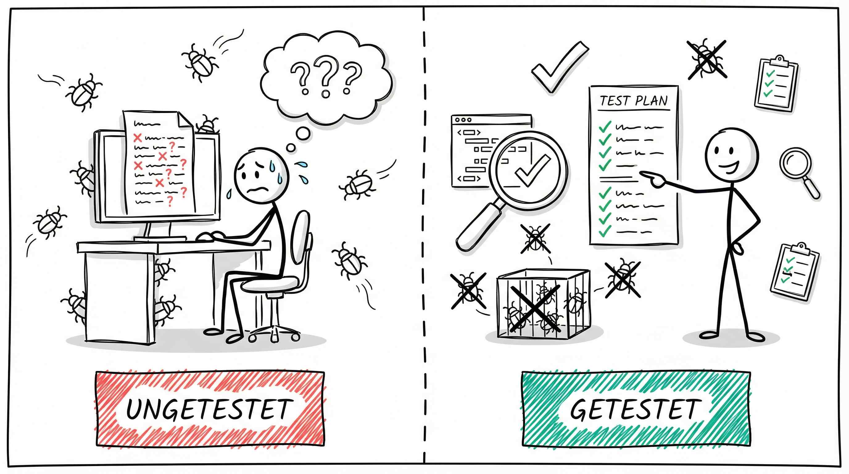 Ungetestet vs. Getestet: Ein Programmierer mit versteckten Bugs versus systematisches Testen mit gefundenen Fehlern