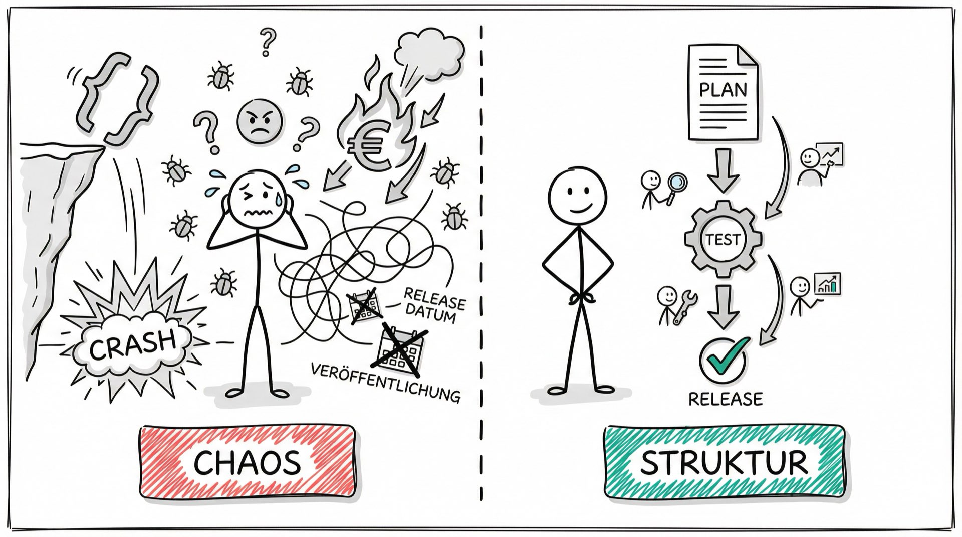 Chaos ohne Testmanagement vs. Struktur mit Testprozessen
