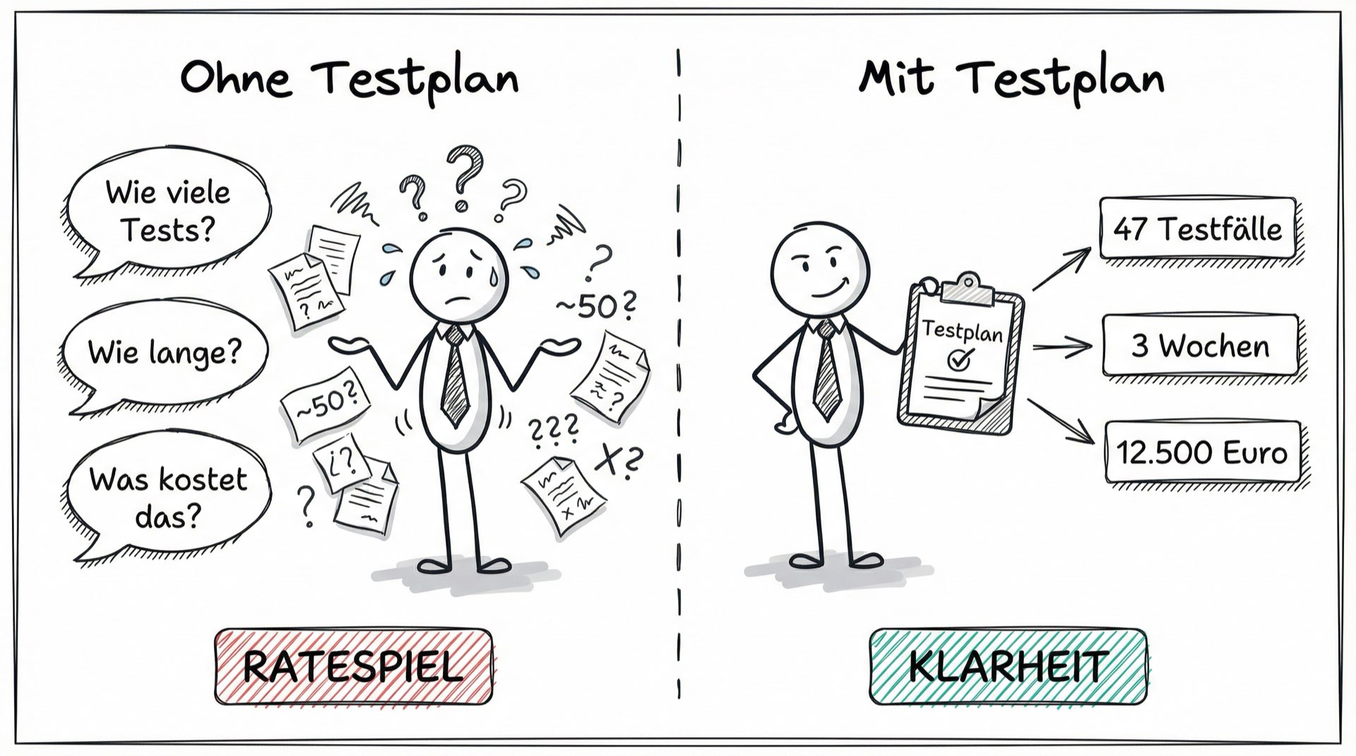 Ohne Testplan Ratespiel, mit Testplan Klarheit