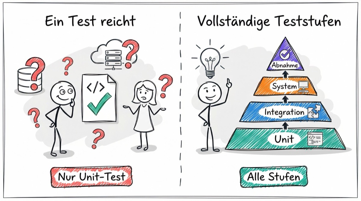 Vergleich: Ein Test reicht nicht vs. vollständige Teststufen