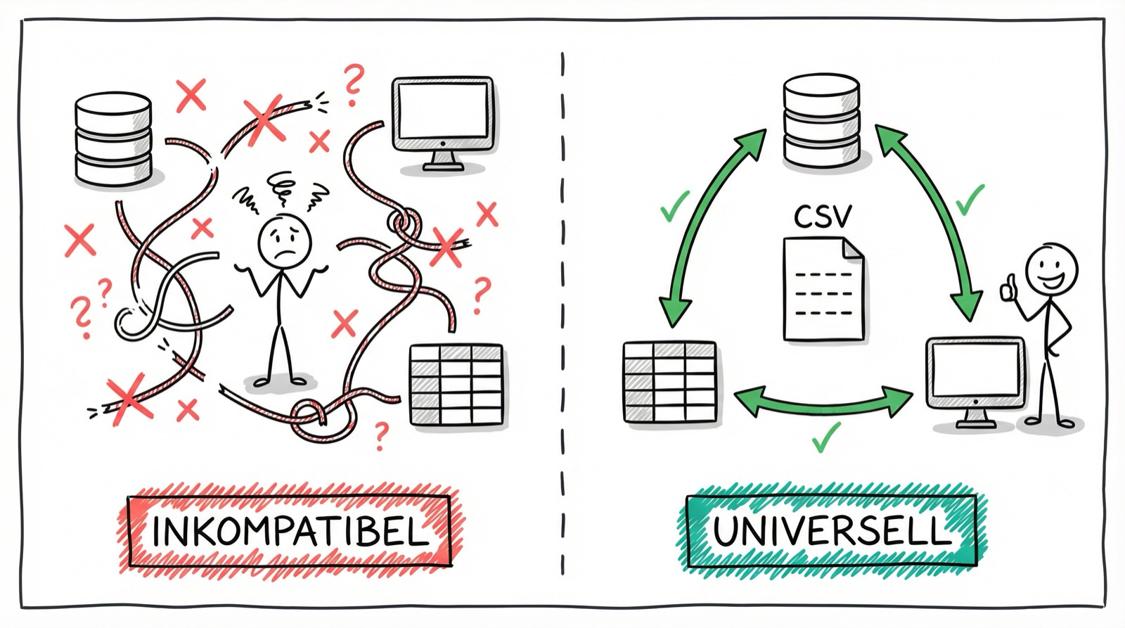 Vorher-Nachher: Ohne gemeinsames Format sind Systeme inkompatibel, mit CSV als Austauschformat wird universelle Kommunikation möglich