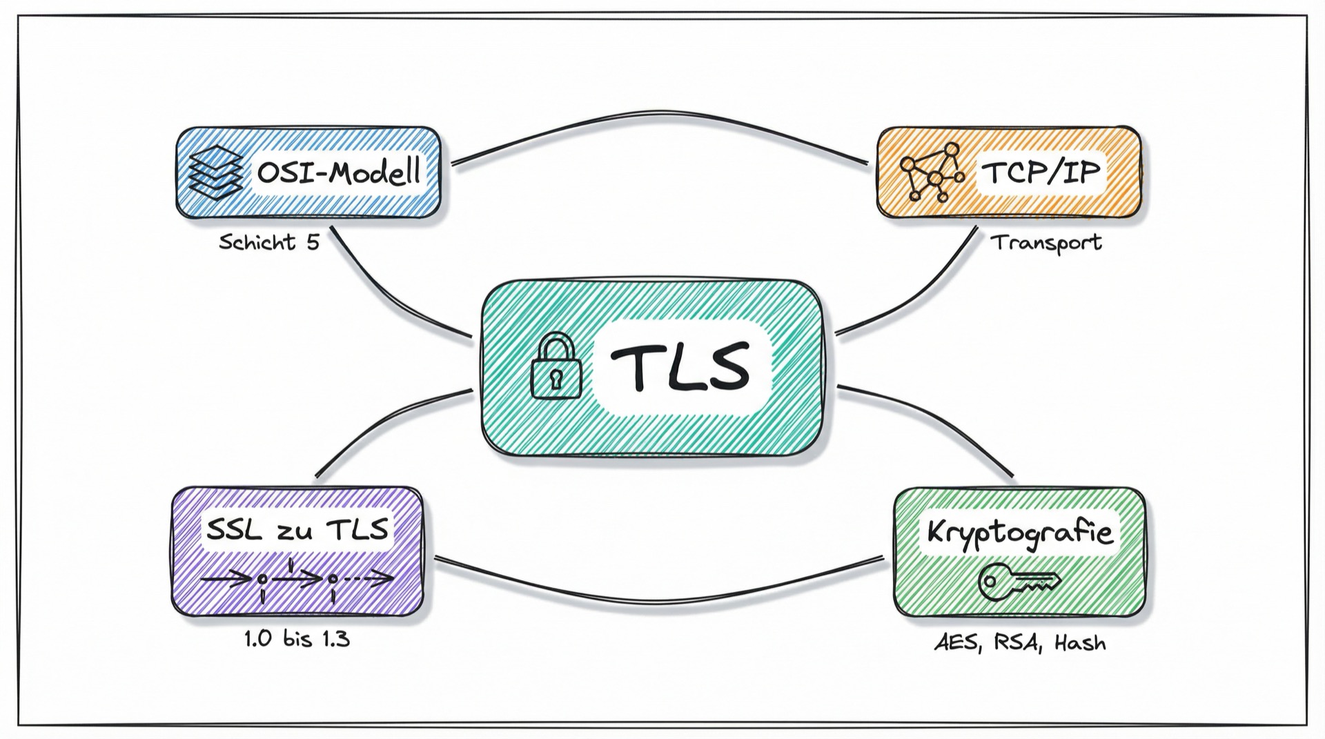 Concept-Map: TLS-Grundlagen mit OSI-Modell, TCP/IP, SSL-Geschichte und Kryptografie