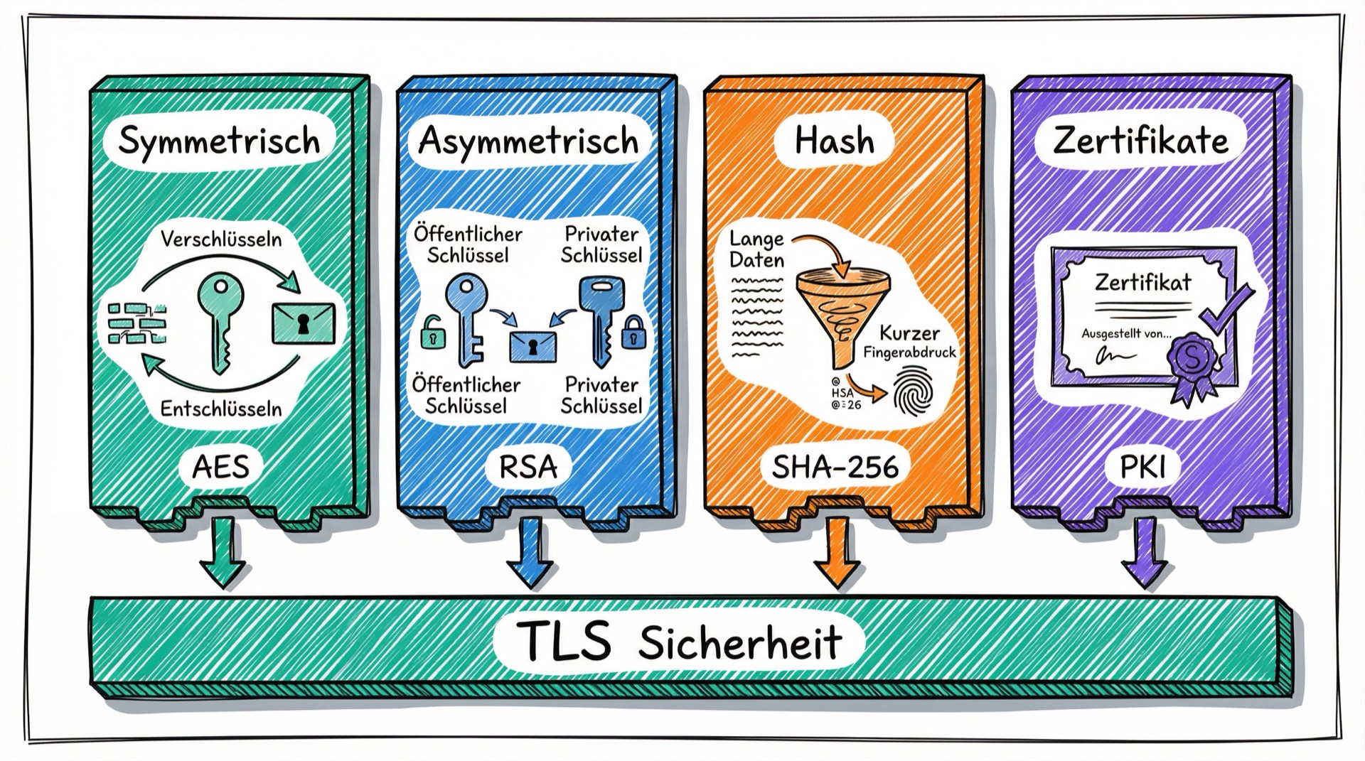 Die vier kryptografischen Bausteine von TLS: Symmetrisch, Asymmetrisch, Hash, Zertifikate
