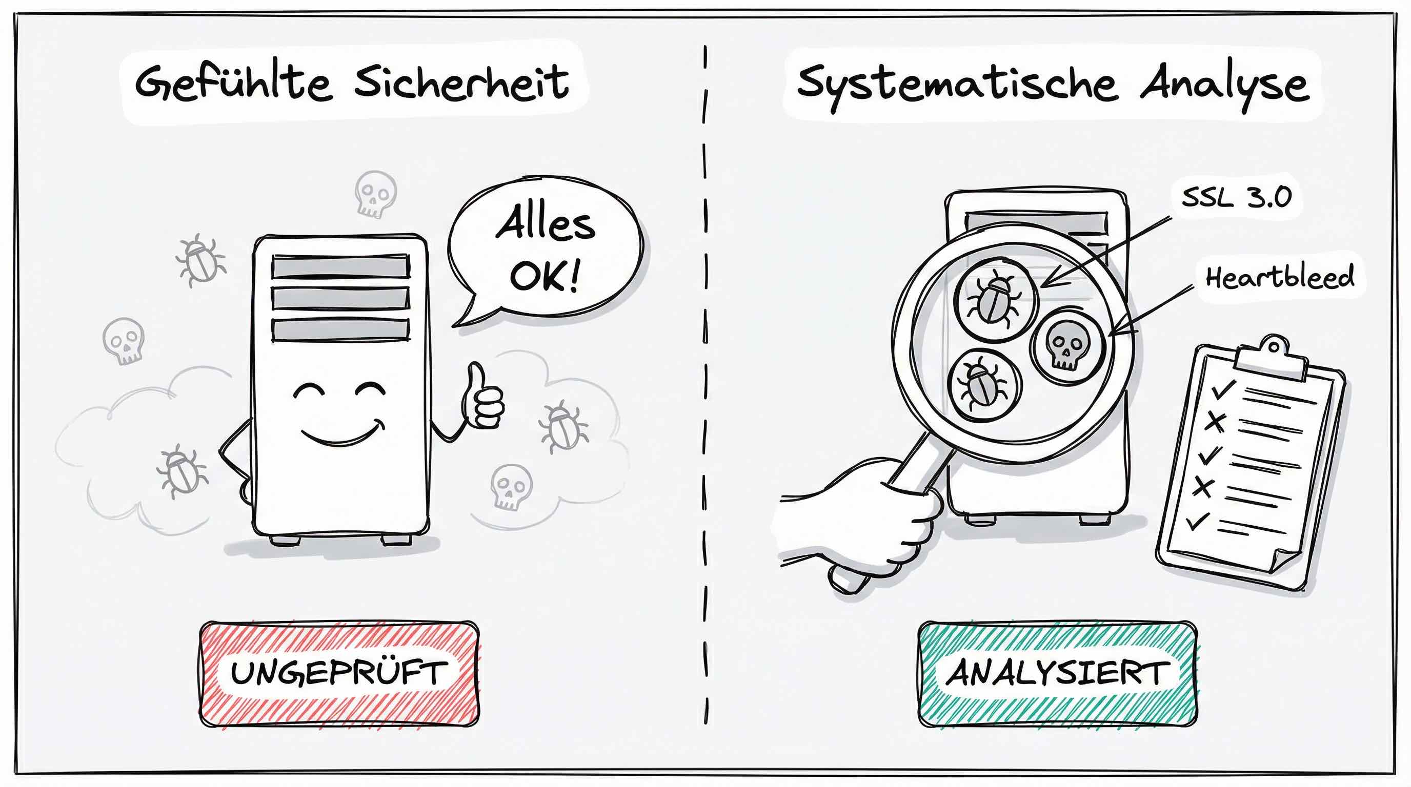 Gefühlte Sicherheit vs. Systematische Analyse: Visuelle Metapher für TLS-Sicherheitsanalyse