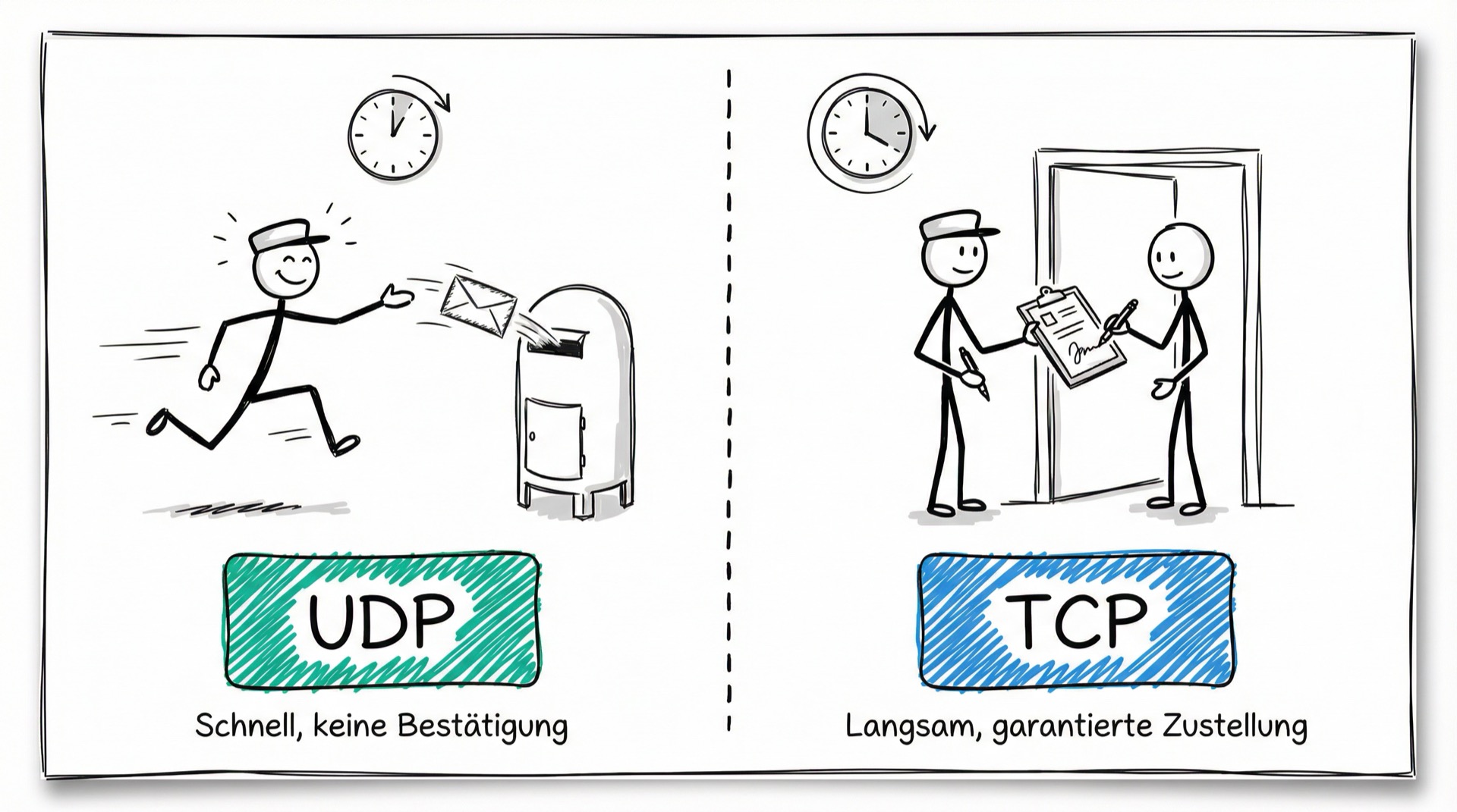 TCP vs UDP Postboten-Metapher: UDP wirft Briefe schnell ein ohne Bestätigung, TCP wartet auf Unterschrift