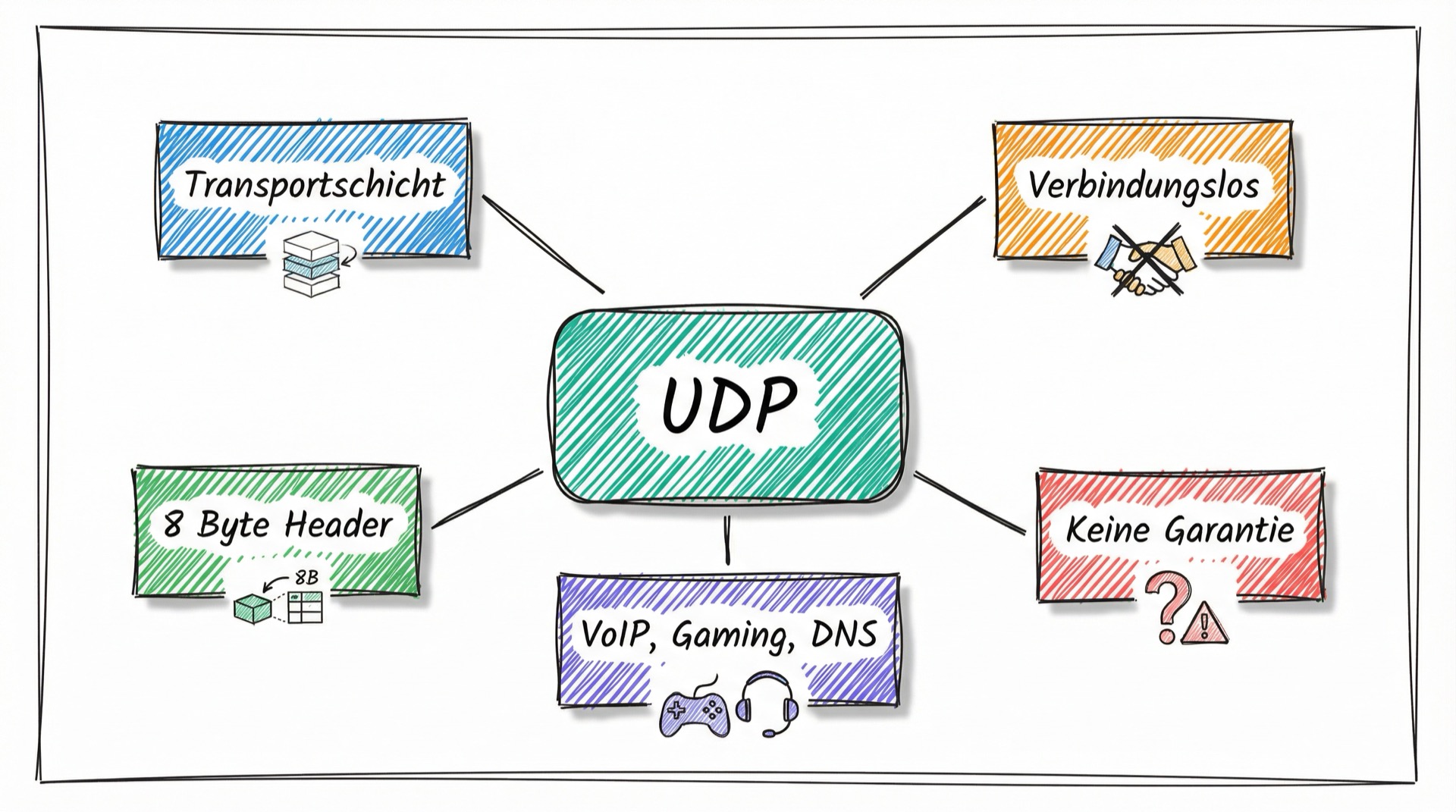 Mind-Map der UDP-Kernkonzepte: Transportschicht, Verbindungslos, 8 Byte Header, Keine Garantie, VoIP/Gaming/DNS