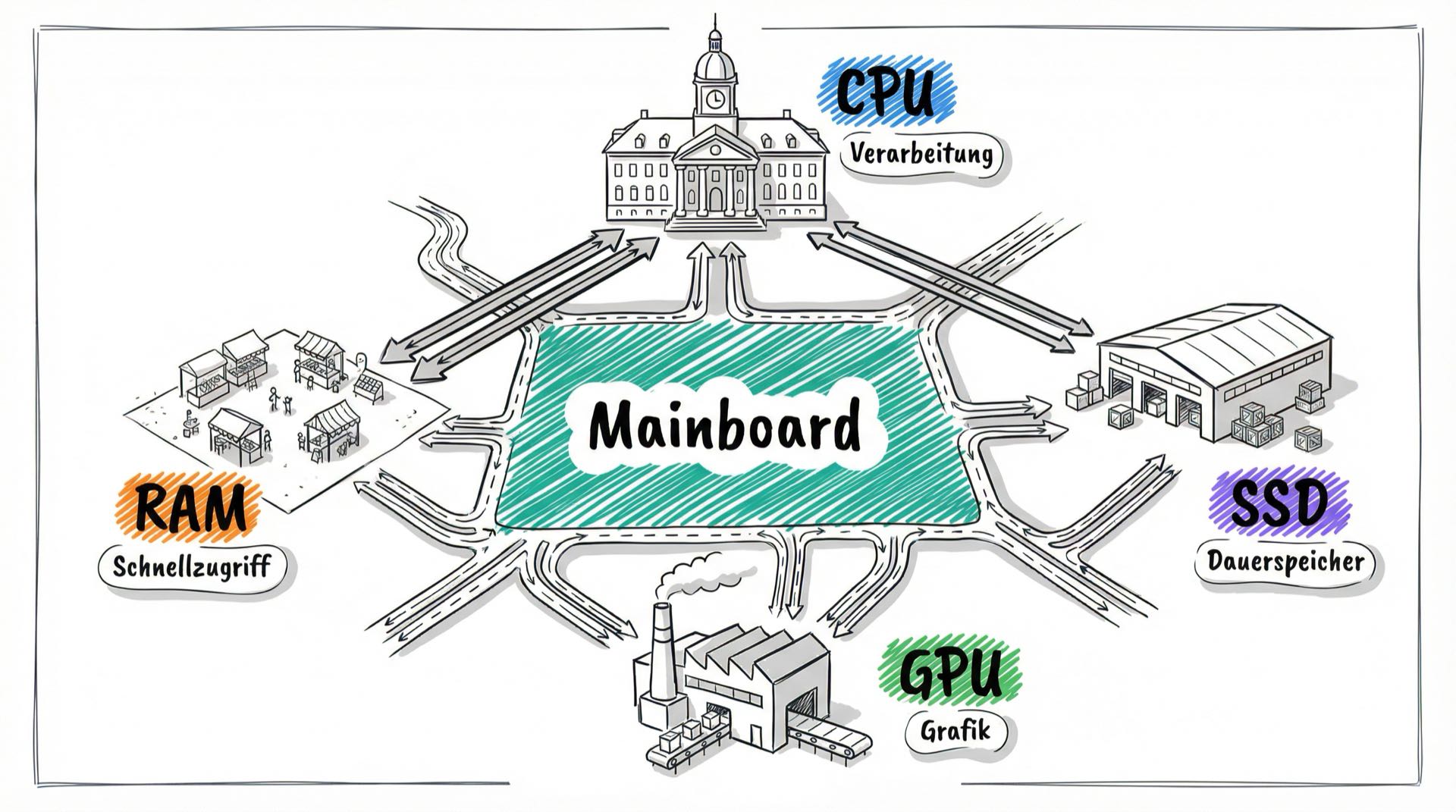 Stadt-Metapher für Hardware-Komponenten: Mainboard als Stadtplan mit Straßen, CPU als Rathaus, RAM als Marktplatz, SSD als Lager, GPU als Fabrik