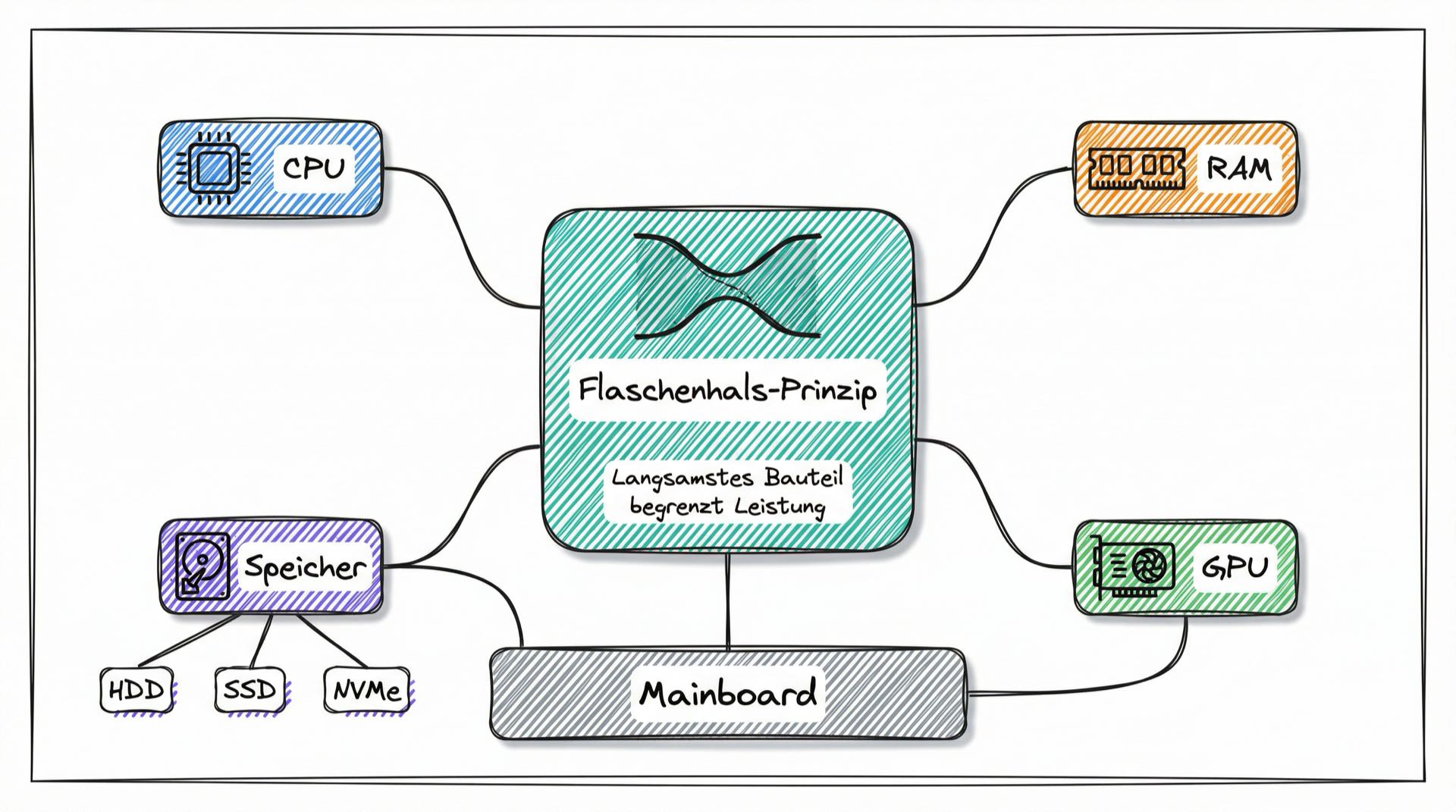 Mind-Map der Hardware-Komponenten mit Flaschenhals-Prinzip im Zentrum: CPU, RAM, Speicher (HDD/SSD/NVMe), GPU und Mainboard sind verbunden - die langsamste Komponente bestimmt die Gesamtleistung