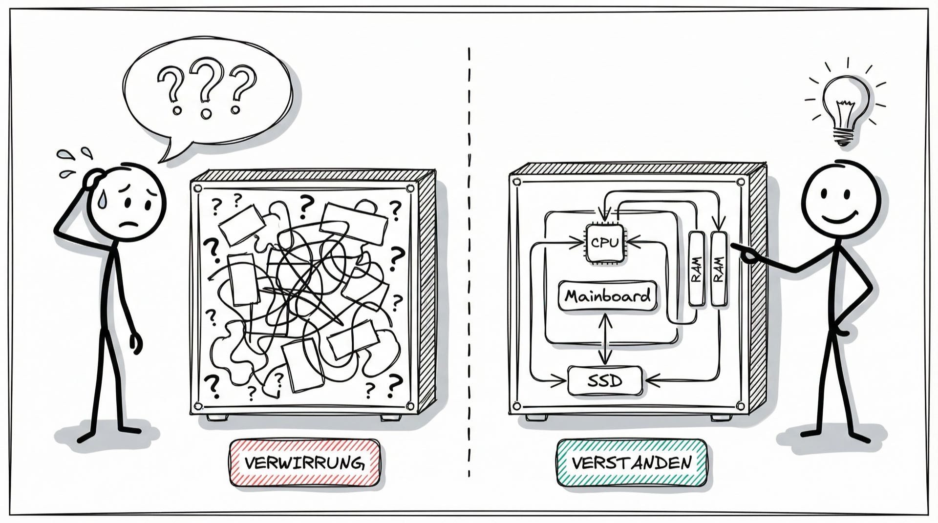 Vorher-Nachher-Vergleich: Links Verwirrung vor chaotischen PC-Komponenten, rechts Verständnis durch klare Struktur mit Mainboard, CPU, RAM und SSD