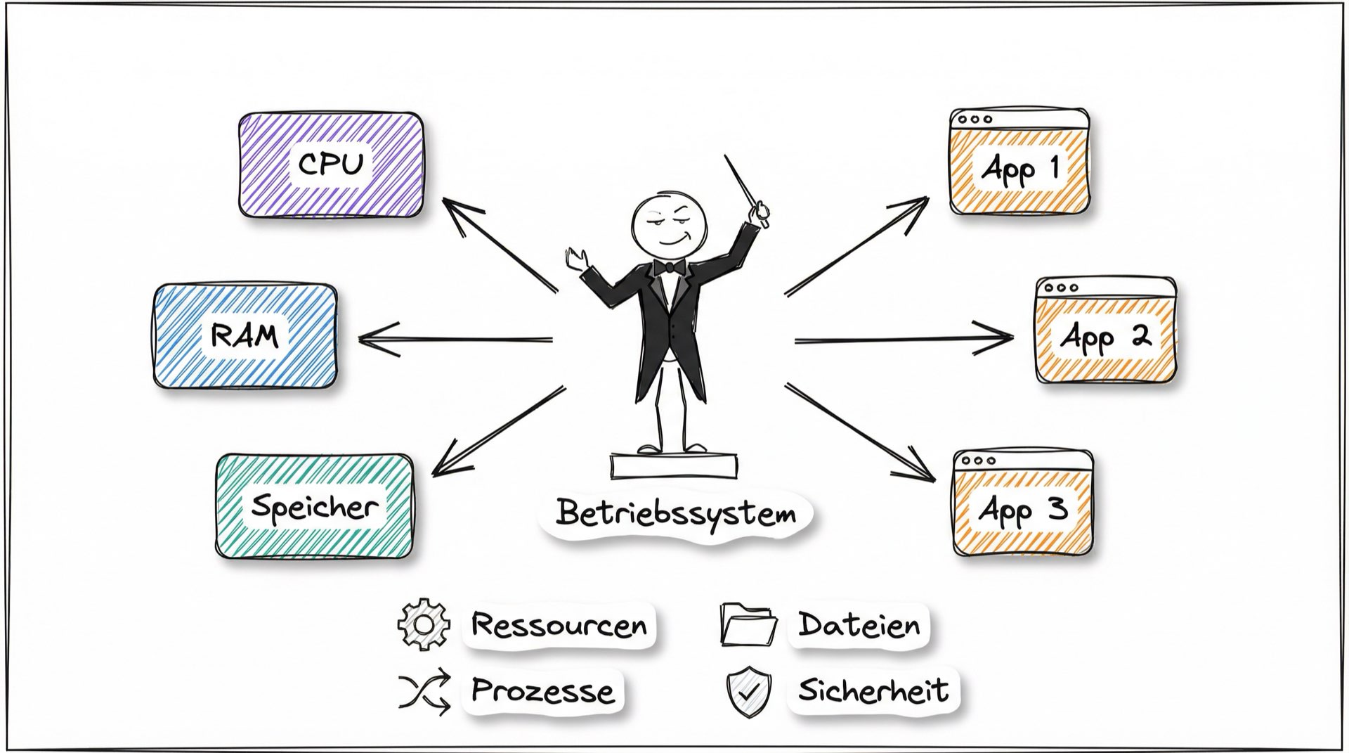 Das Betriebssystem als Dirigent: Es koordiniert Hardware-Ressourcen (CPU, RAM, Speicher) und Programme wie ein Orchesterdirigent