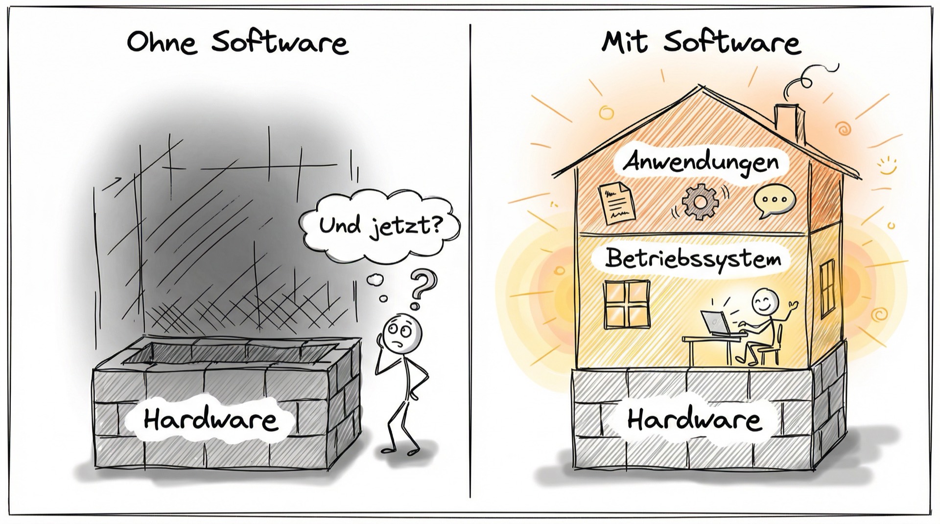 Haus-Metapher: Links ein totes Haus mit nur Hardware-Fundament, rechts ein funktionierendes Haus mit Betriebssystem und Anwendungen