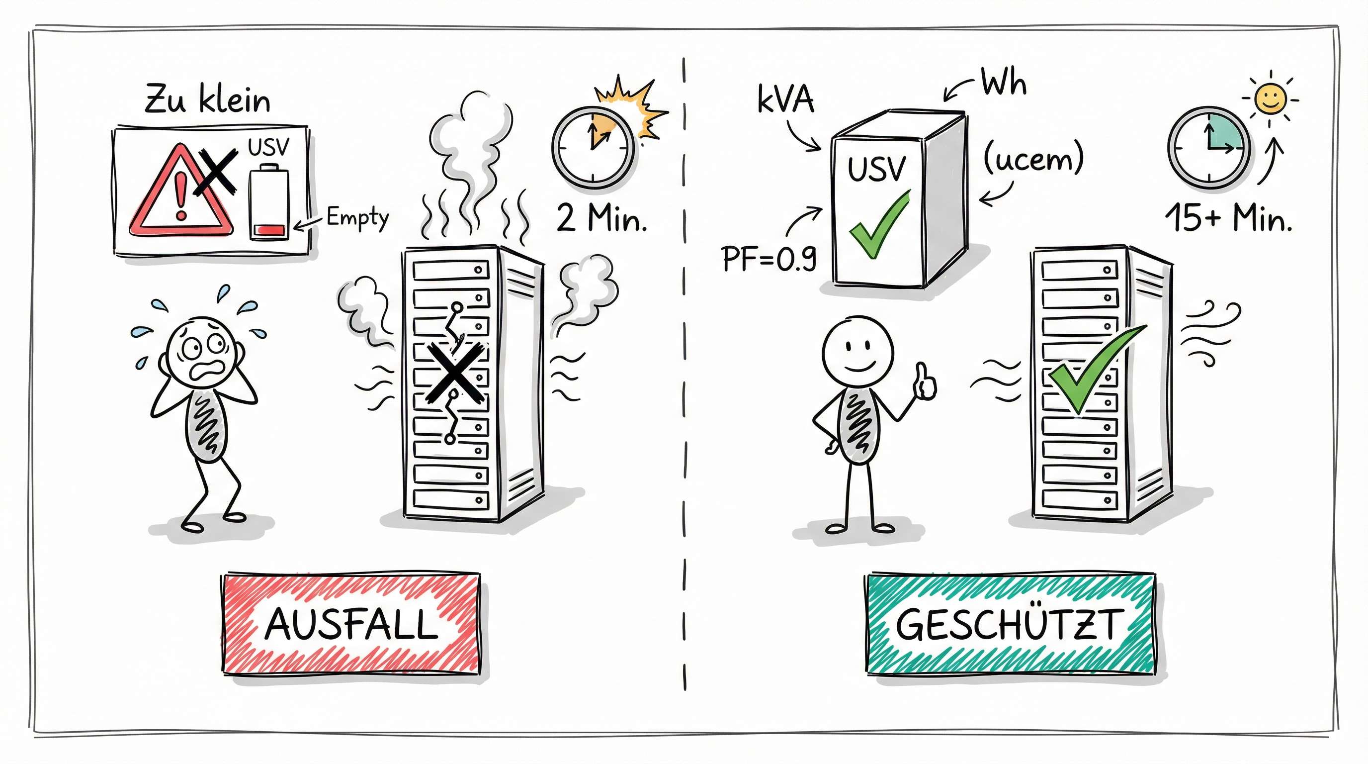 Gegenüberstellung: Unterdimensionierte USV führt zum Ausfall vs. korrekt berechnete USV schützt die Systeme