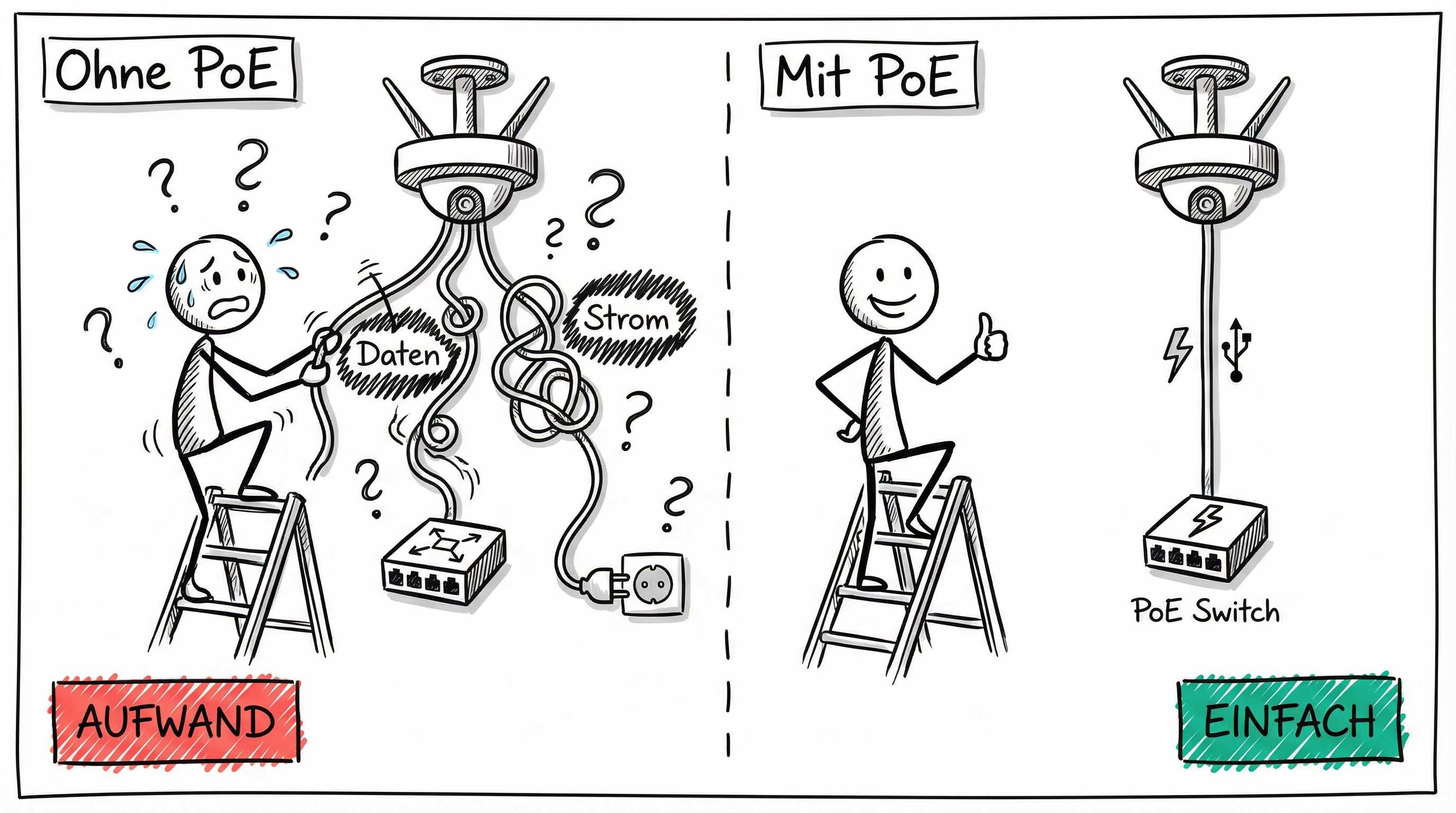 Vergleich: Installation ohne PoE versus mit PoE