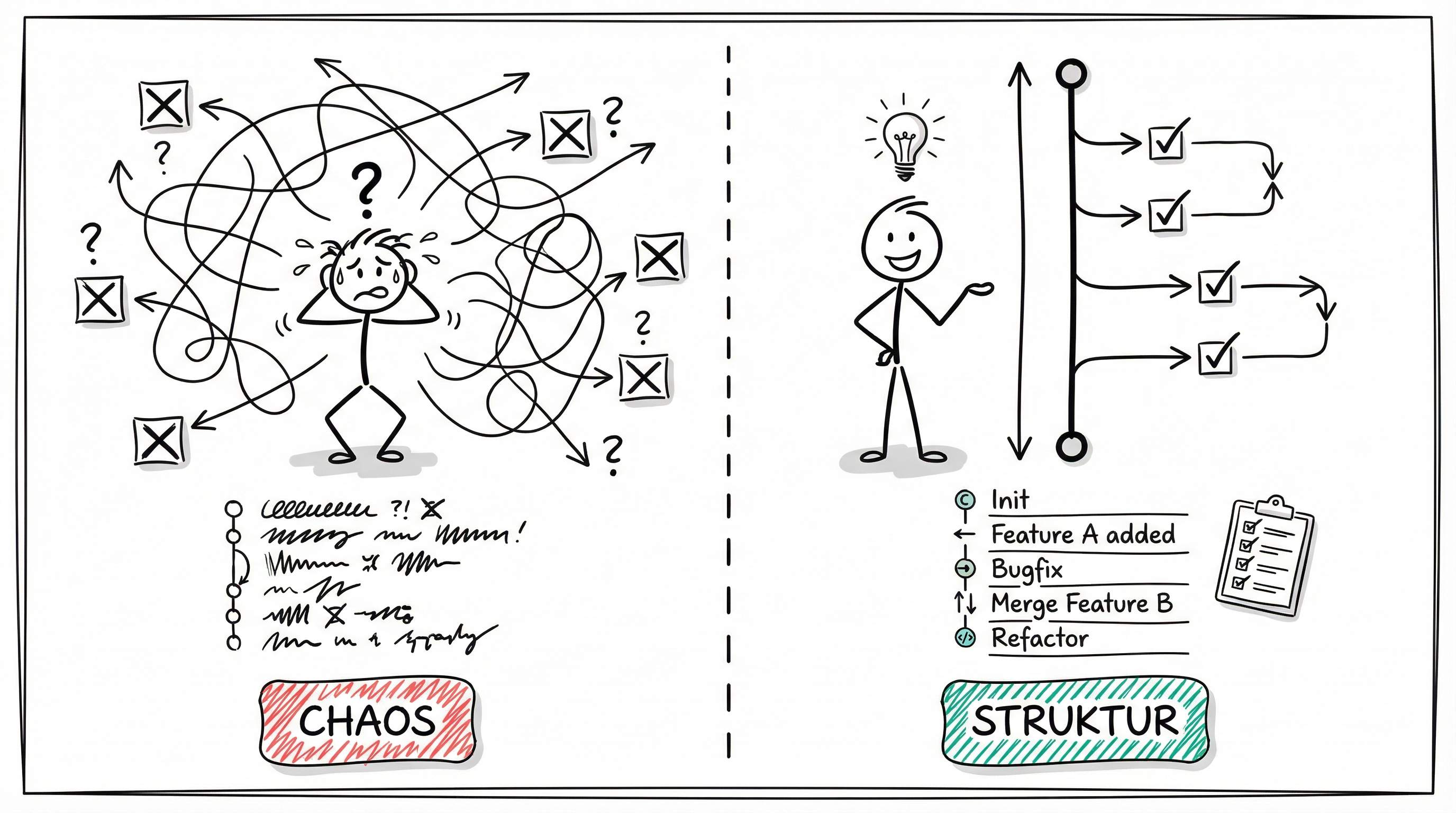 Chaos vs. Struktur: Git-Workflows ohne und mit Best Practices