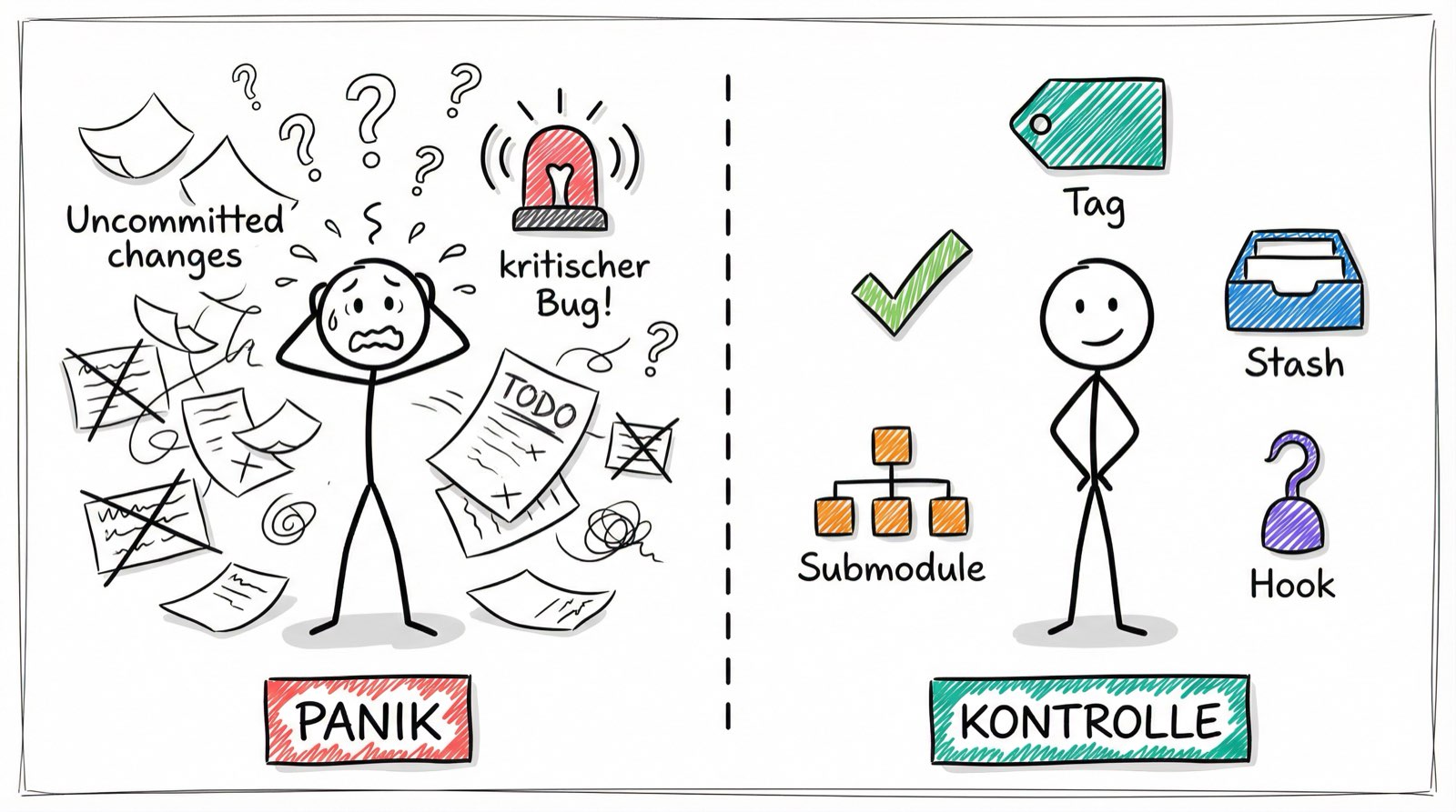 Chaos ohne Git-Werkzeuge vs. Kontrolle mit fortgeschrittenen Git-Techniken