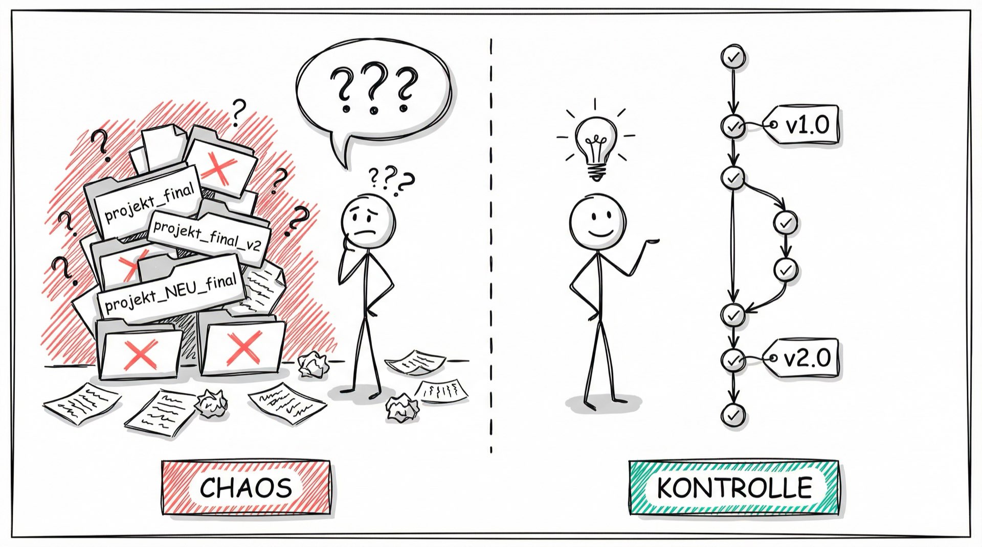 Chaos ohne Versionsverwaltung vs. Kontrolle mit Versionsverwaltung