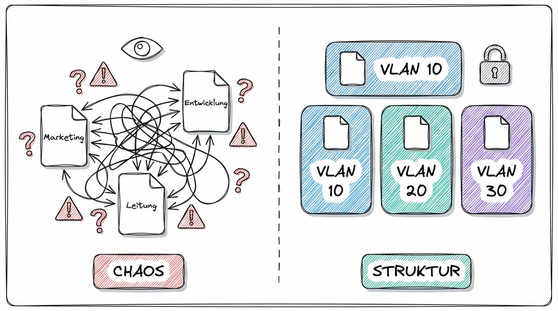 Netzwerk ohne vs. mit VLAN-Segmentierung