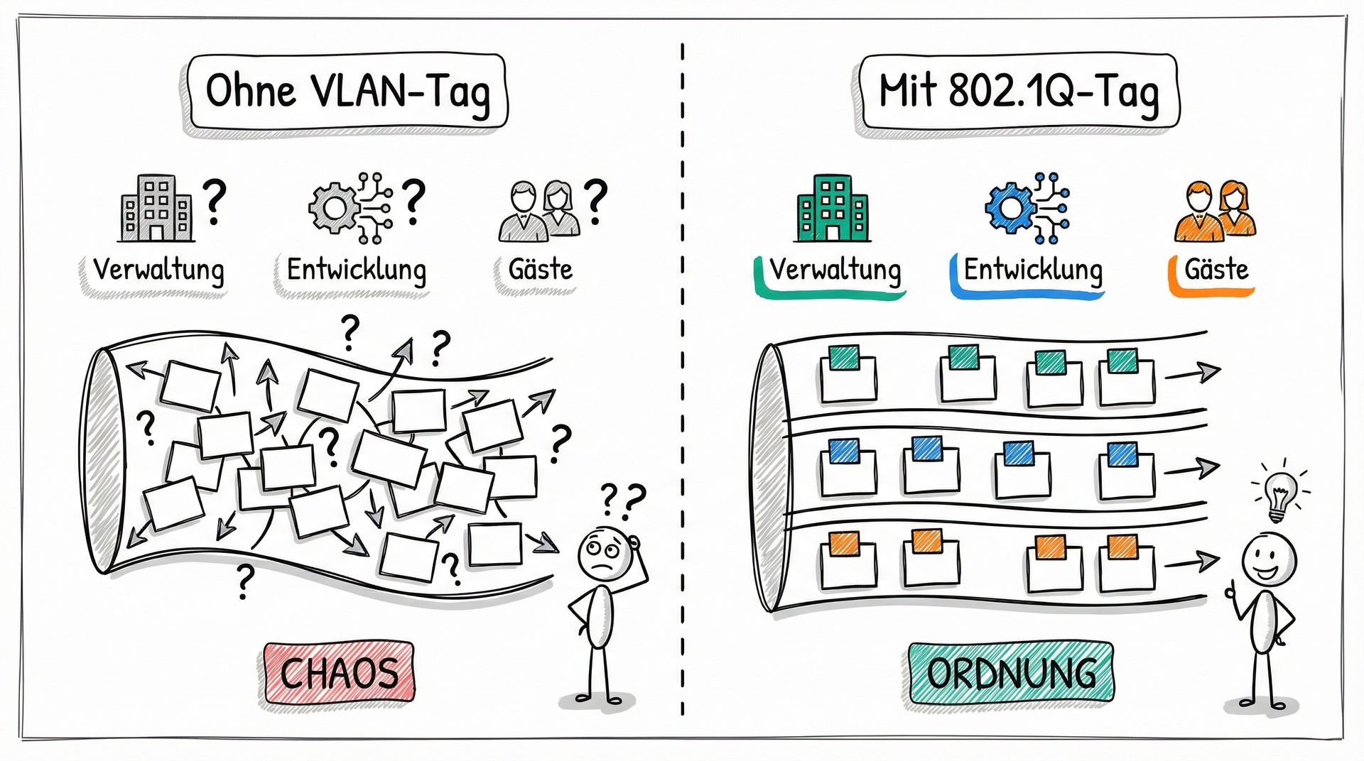 VLAN-Tagging Vorher-Nachher: Ohne Tags Chaos, mit Tags Ordnung
