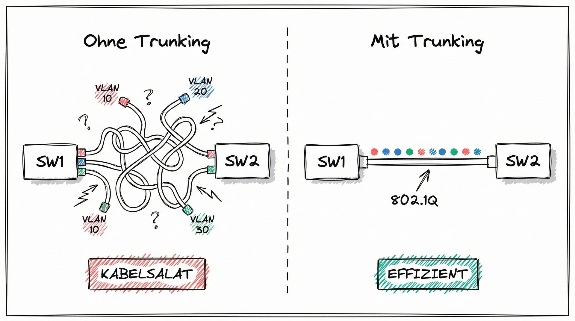 VLAN-Trunking Vergleich: Kabelsalat vs. effizienter Trunk-Link