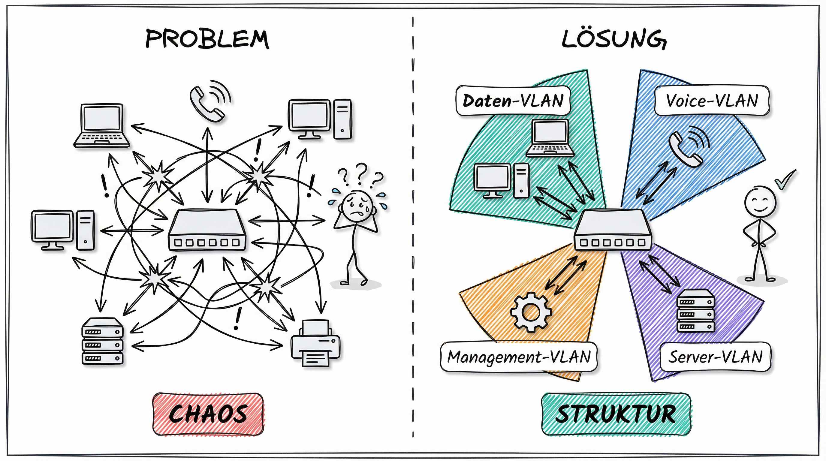 Netzwerk-Chaos ohne VLANs versus strukturierte Trennung mit verschiedenen VLAN-Typen