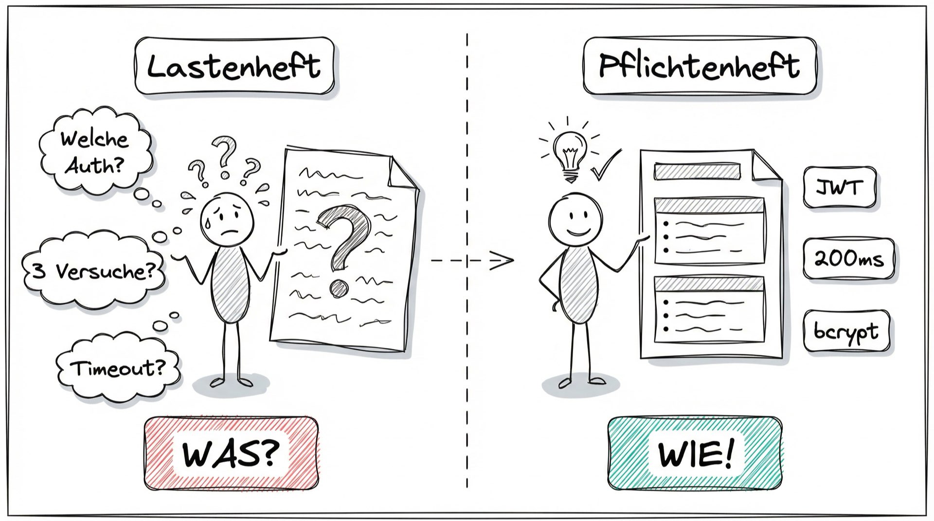 Transformation vom Lastenheft zum Pflichtenheft: Links Chaos mit Fragezeichen, rechts Klarheit mit technischen Spezifikationen
