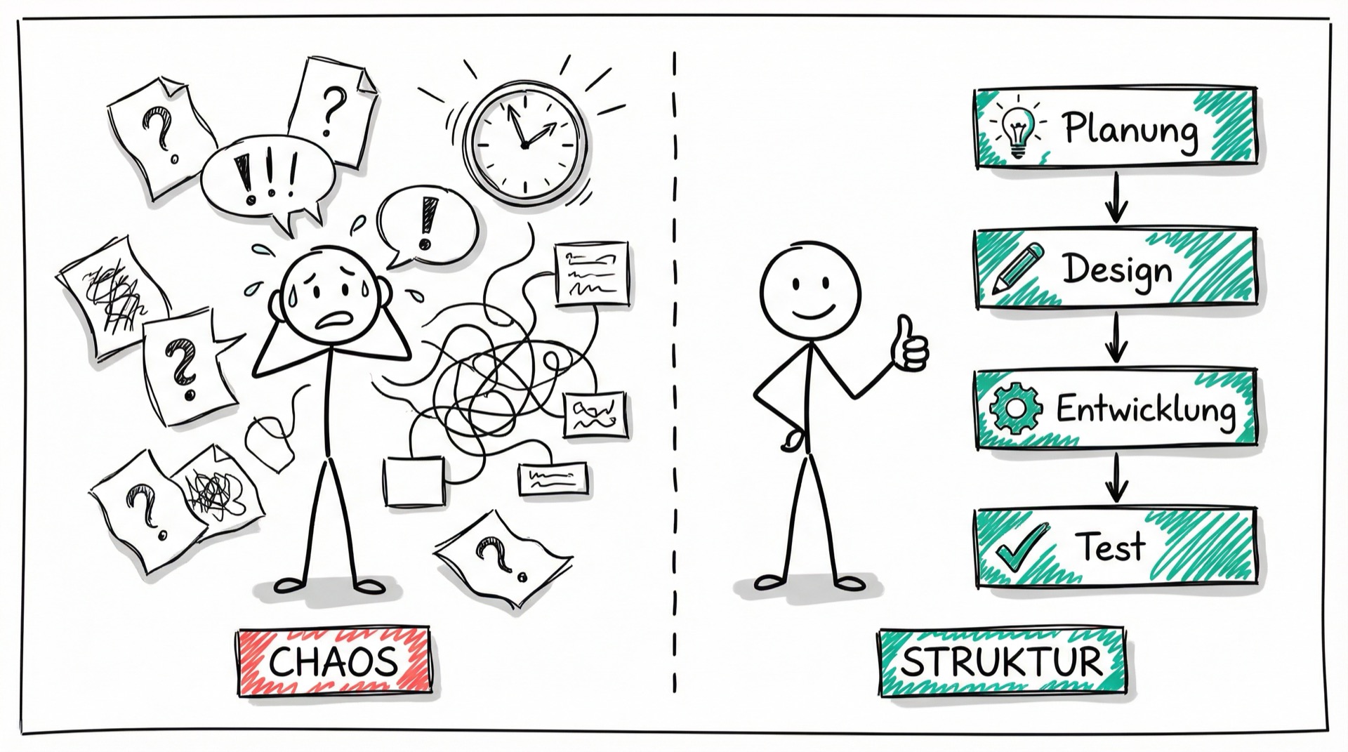 Chaos ohne Vorgehensmodell vs. Struktur mit Vorgehensmodell