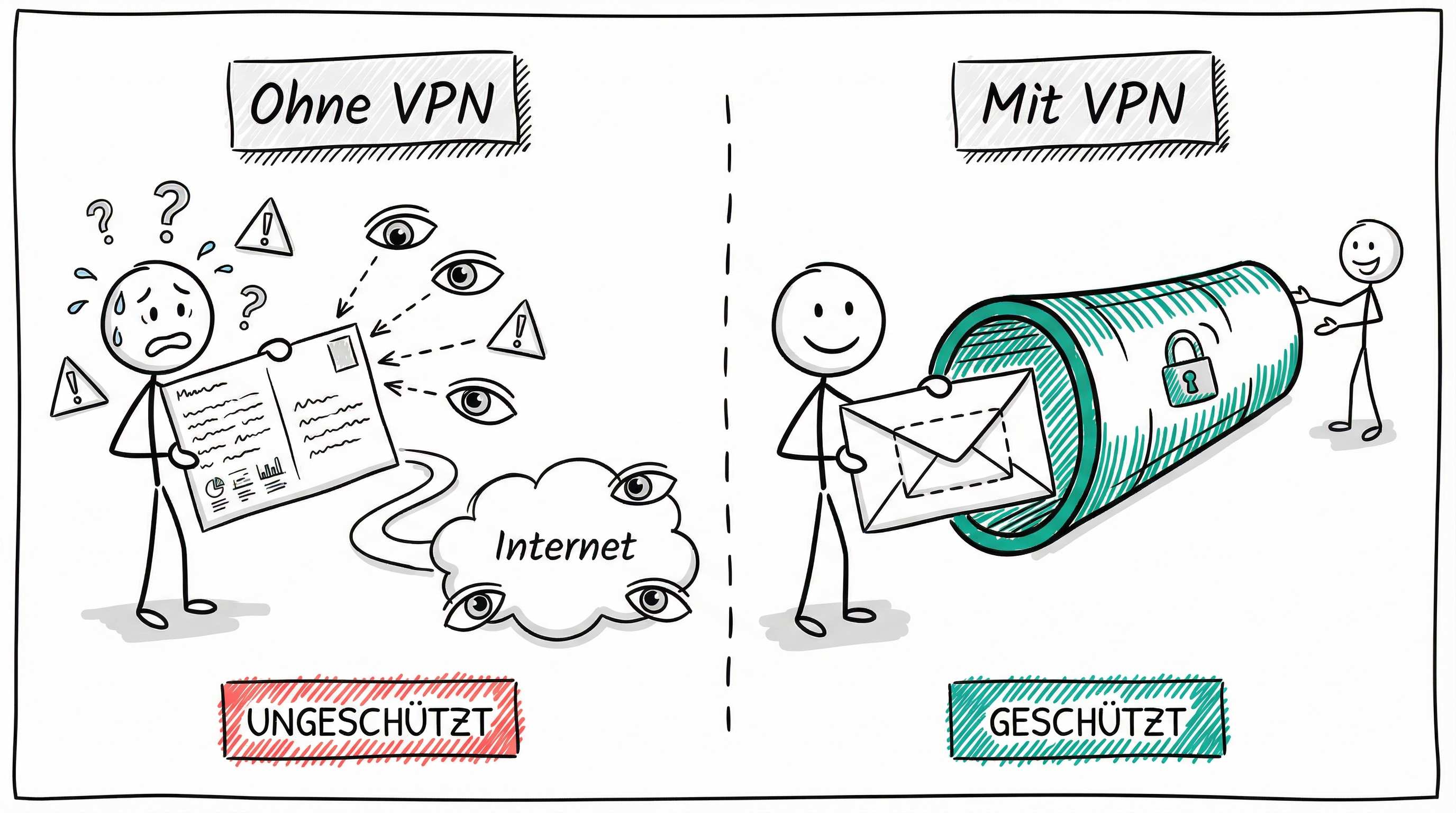 VPN-Tunneling und Encapsulation: Ohne VPN sind Daten ungeschützt und können abgefangen werden, mit VPN werden sie durch einen verschlüsselten Tunnel sicher transportiert