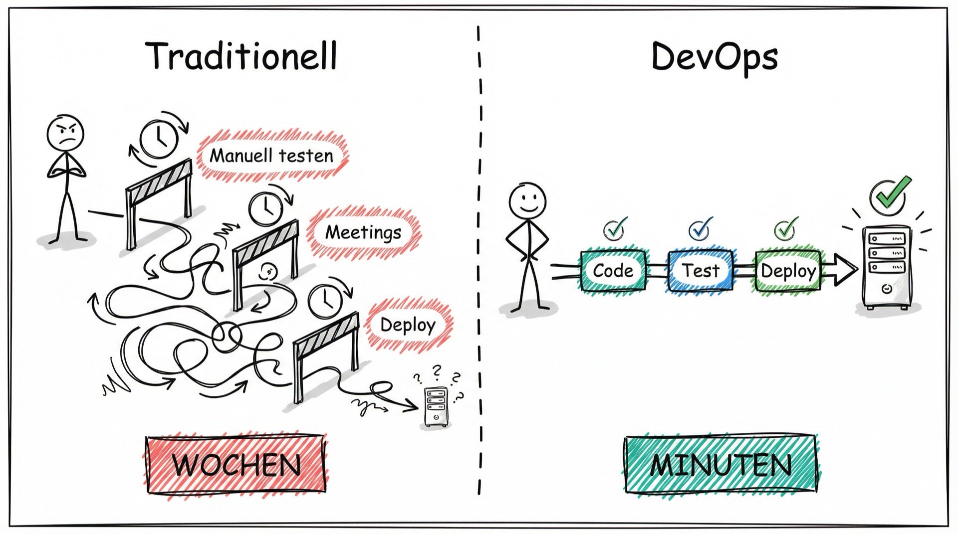 Traditionell vs. DevOps: Wochen vs. Minuten